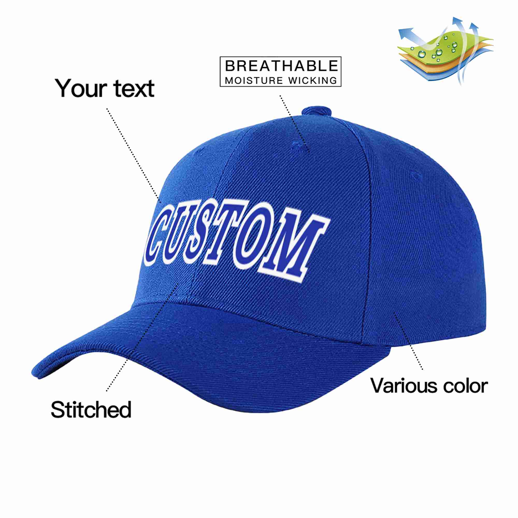 Casquette de baseball personnalisée Royal Royal-White Curved Eaves Sport pour hommes/femmes/jeunes