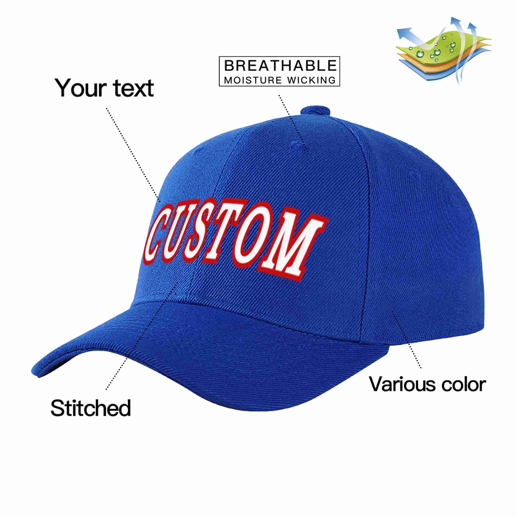 Custom Royal White-Red Curved Eaves Sport Baseball Cap Design for Men/Women/Youth