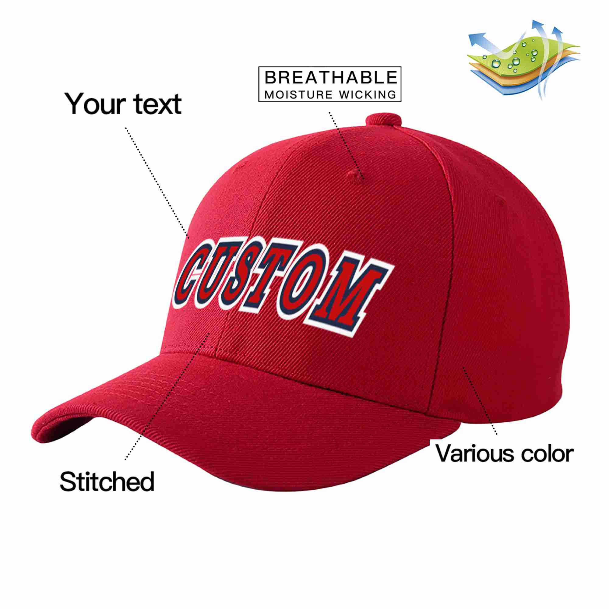 Conception personnalisée de casquette de baseball de sport courbée rouge-marine rouge pour hommes/femmes/jeunes