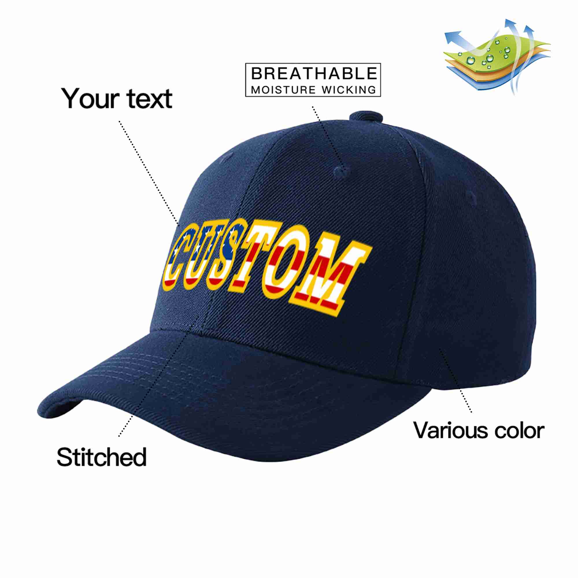 Custom Navy Vintage USA Flag-Gold Curved Eaves Sport Baseball Cap Design for Men/Women/Youth