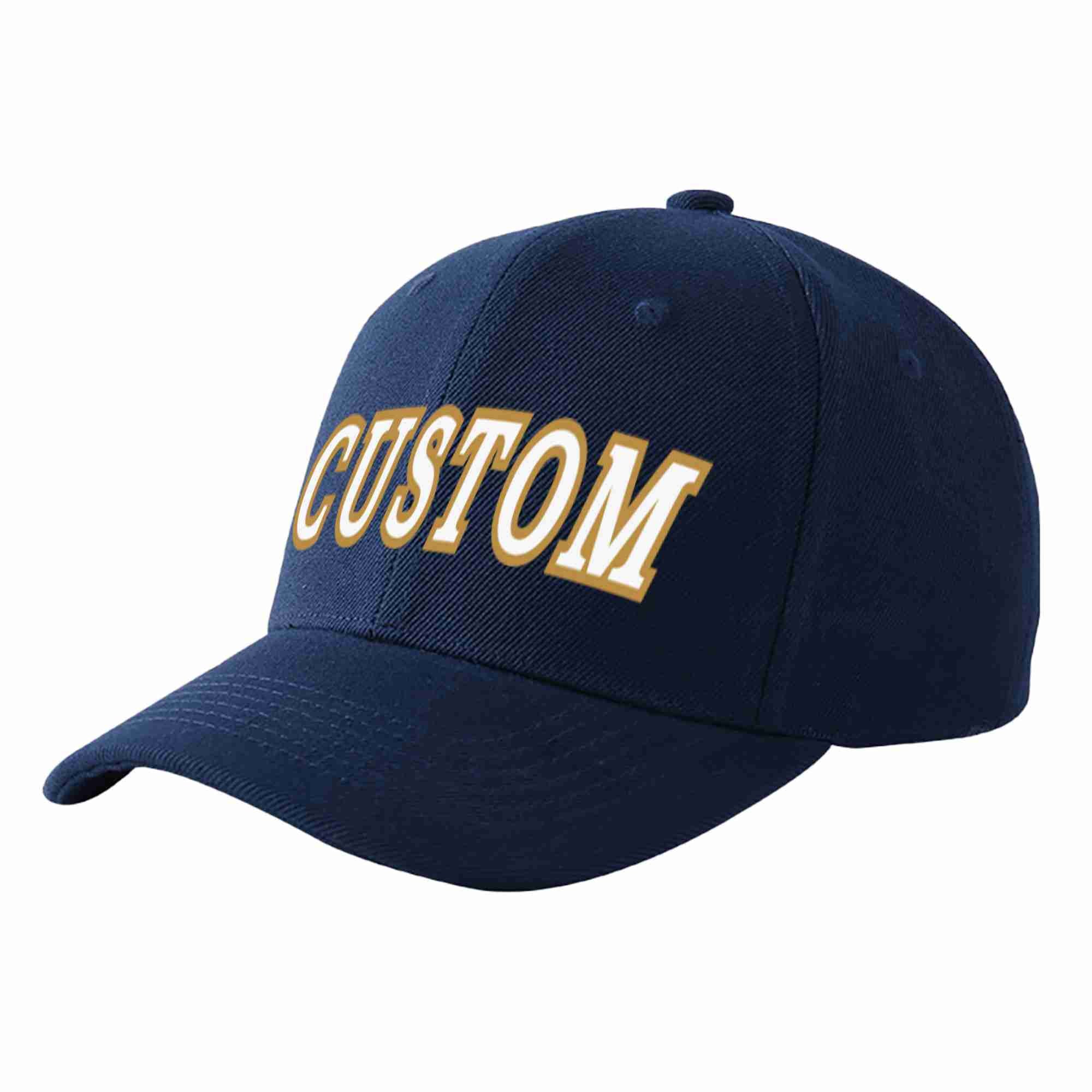 Custom Navy White-Old Gold Curved Eaves Sport Baseball Cap Design for Men/Women/Youth