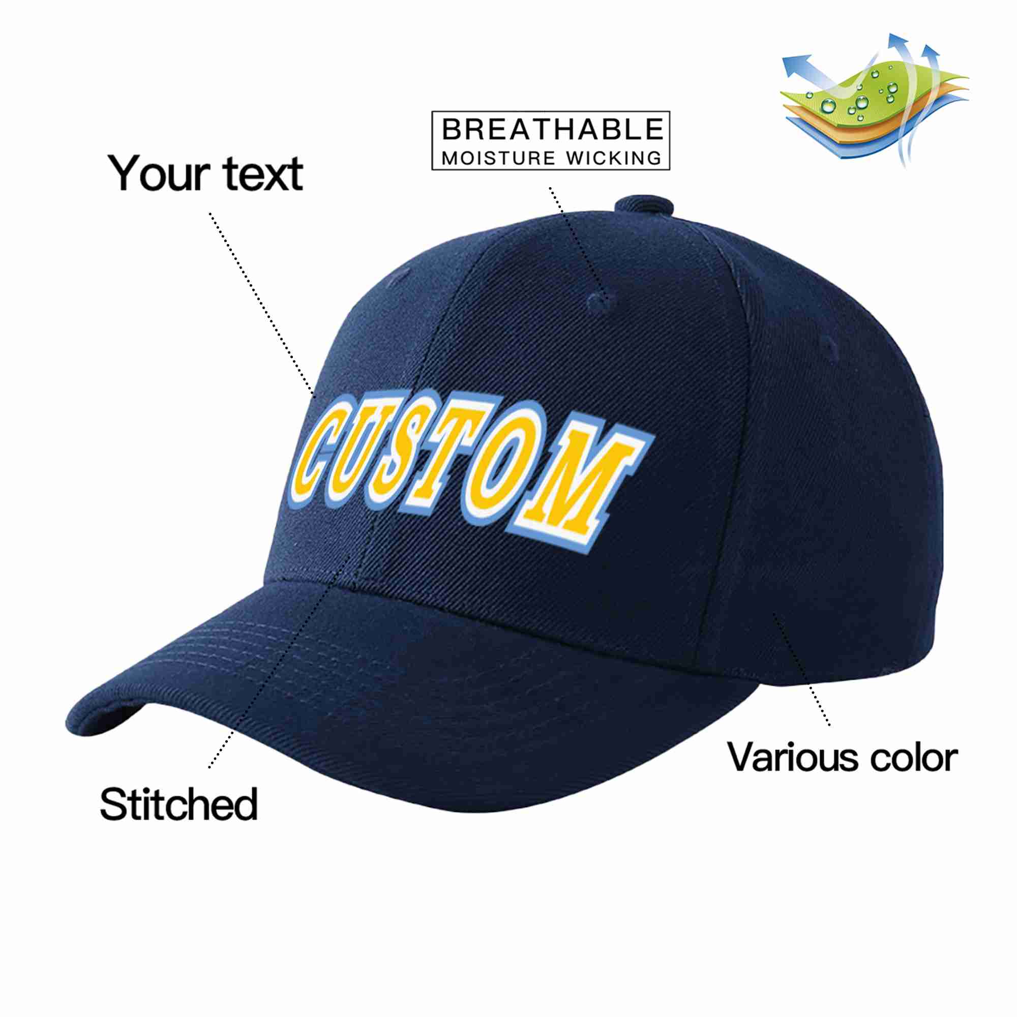 Custom Navy Gold-White Curved Eaves Sport Baseball Cap Design for Men/Women/Youth