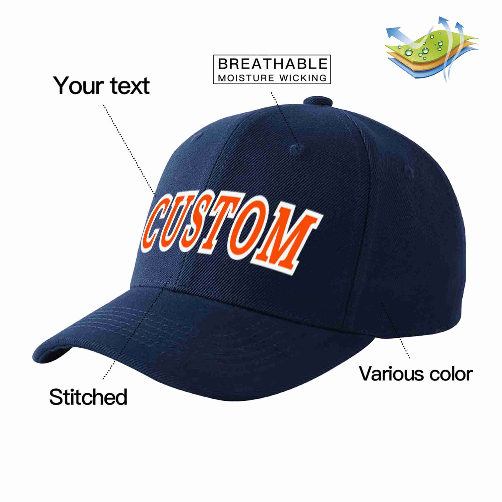 Custom Navy Orange-White Curved Eaves Sport Baseball Cap Design for Men/Women/Youth