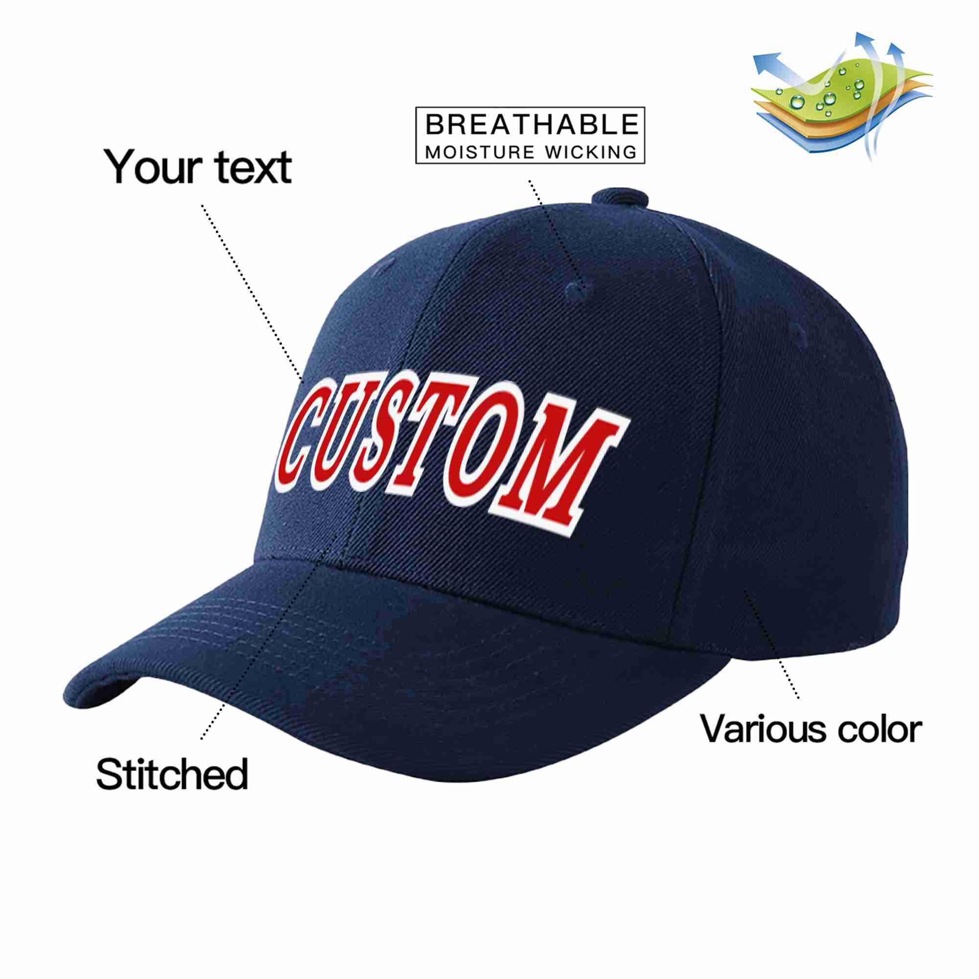 Custom Navy Red-White Curved Eaves Sport Baseball Cap Design for Men/Women/Youth