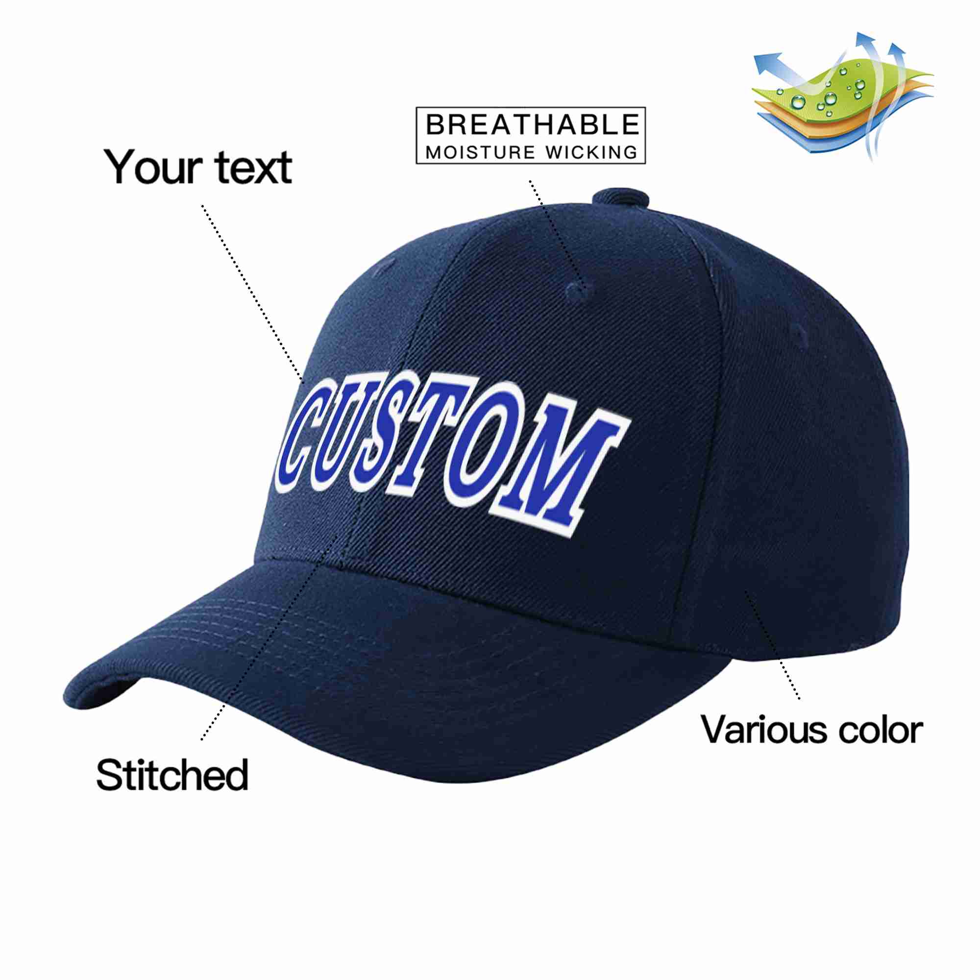 Custom Navy Royal-White Curved Eaves Sport Baseball Cap Design for Men/Women/Youth