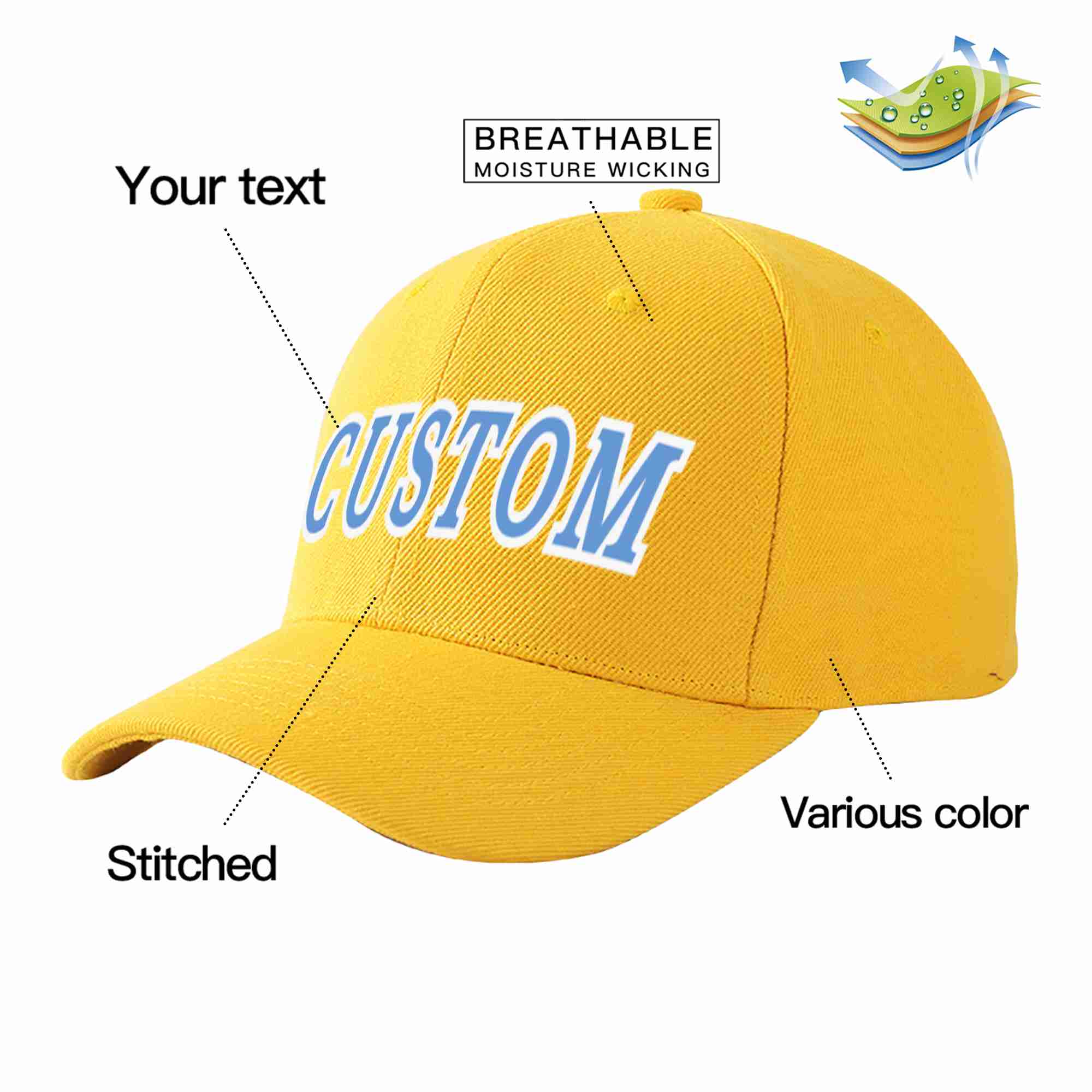 Custom Gold Light Blue-White Curved Eaves Sport Baseball Cap Design for Men/Women/Youth