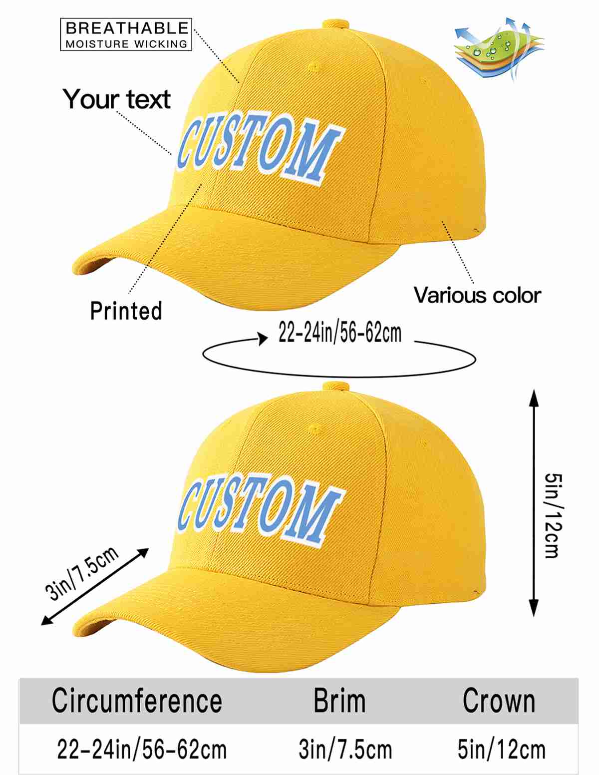 Custom Gold Light Blue-White Curved Eaves Sport Baseball Cap Design for Men/Women/Youth