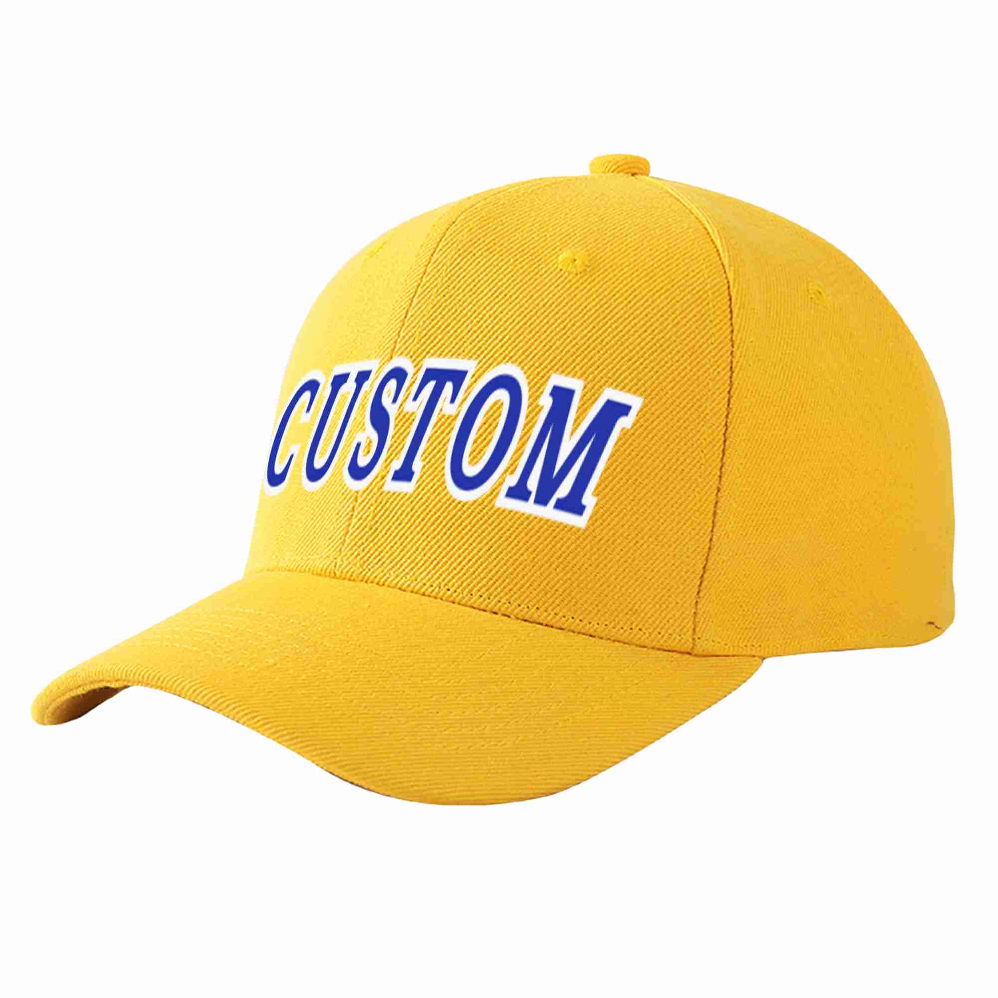 Conception personnalisée de casquette de baseball de sport courbée en or royal-blanc pour hommes/femmes/jeunes