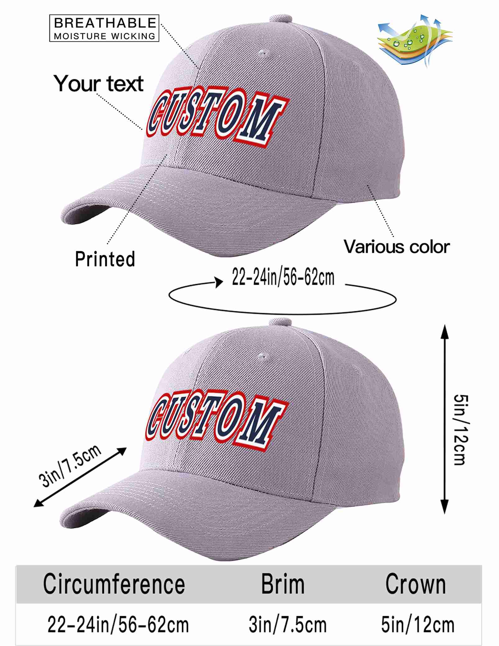 Custom Gray Navy-White Curved Eaves Sport Baseball Cap Design for Men/Women/Youth