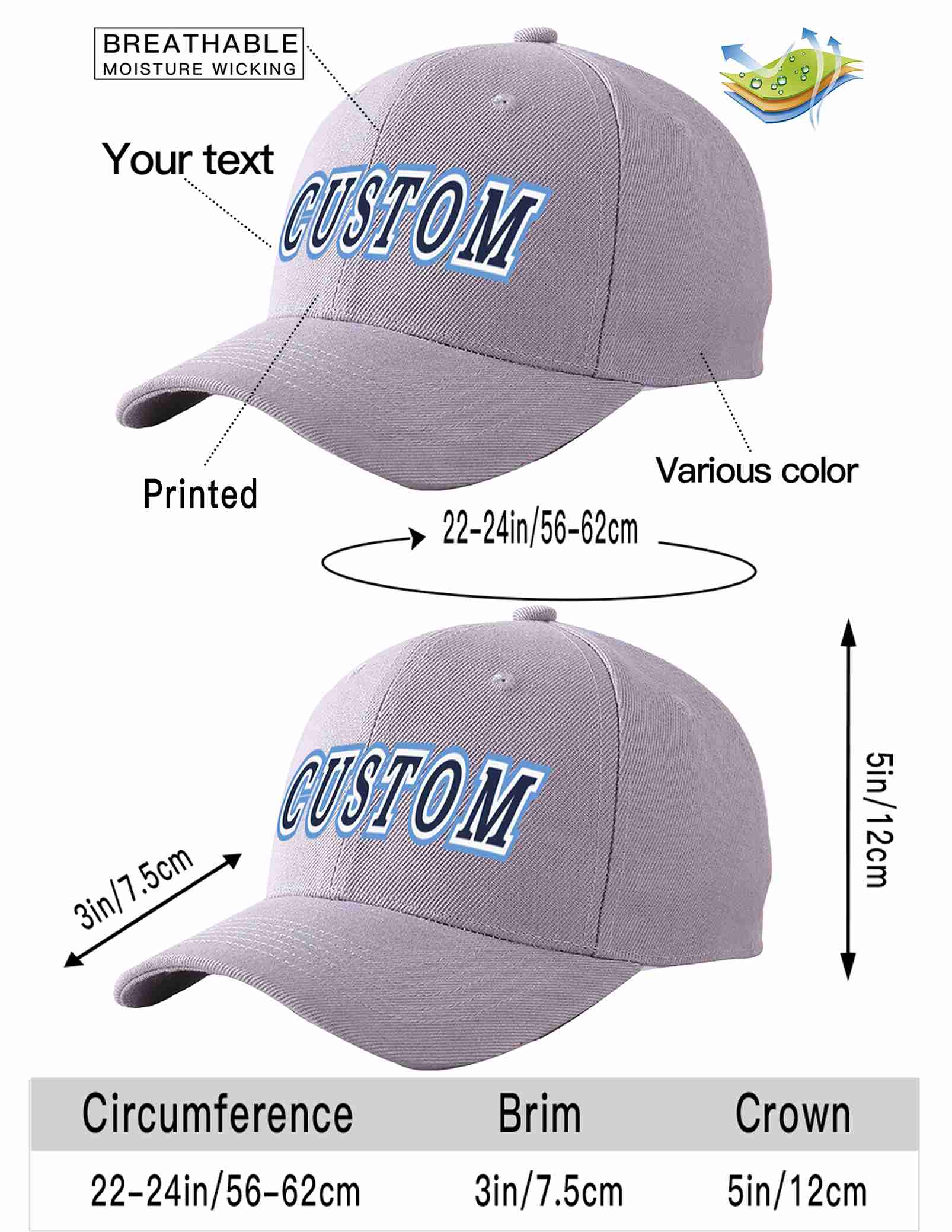 Custom Gray Navy-White Curved Eaves Sport Baseball Cap Design for Men/Women/Youth