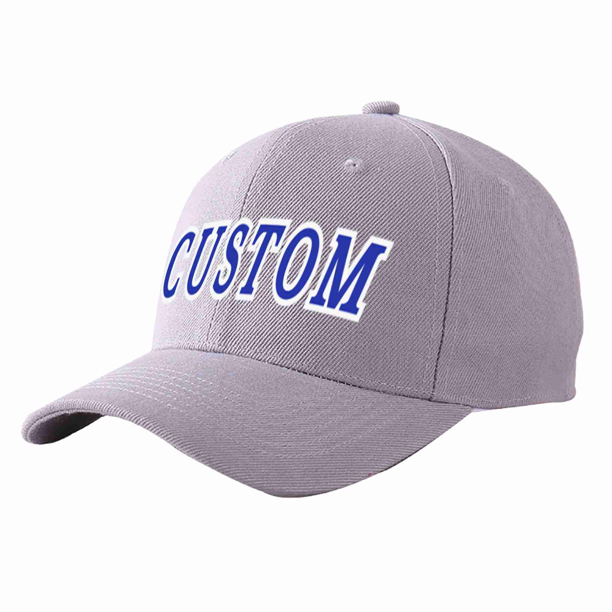 Conception personnalisée de casquette de baseball de sport incurvée gris royal-blanc pour hommes/femmes/jeunes