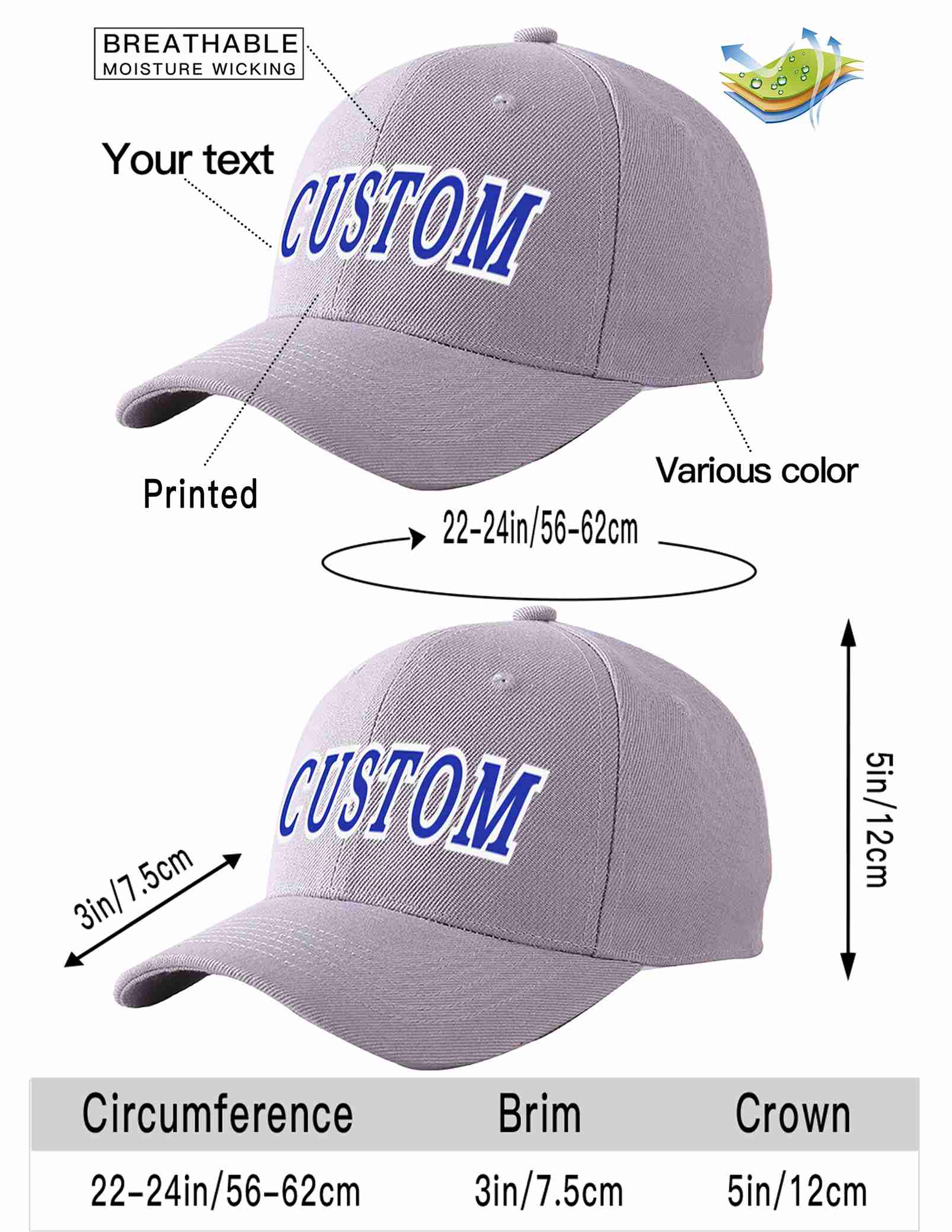 Custom Gray Royal-White Curved Eaves Sport Baseball Cap Design for Men/Women/Youth