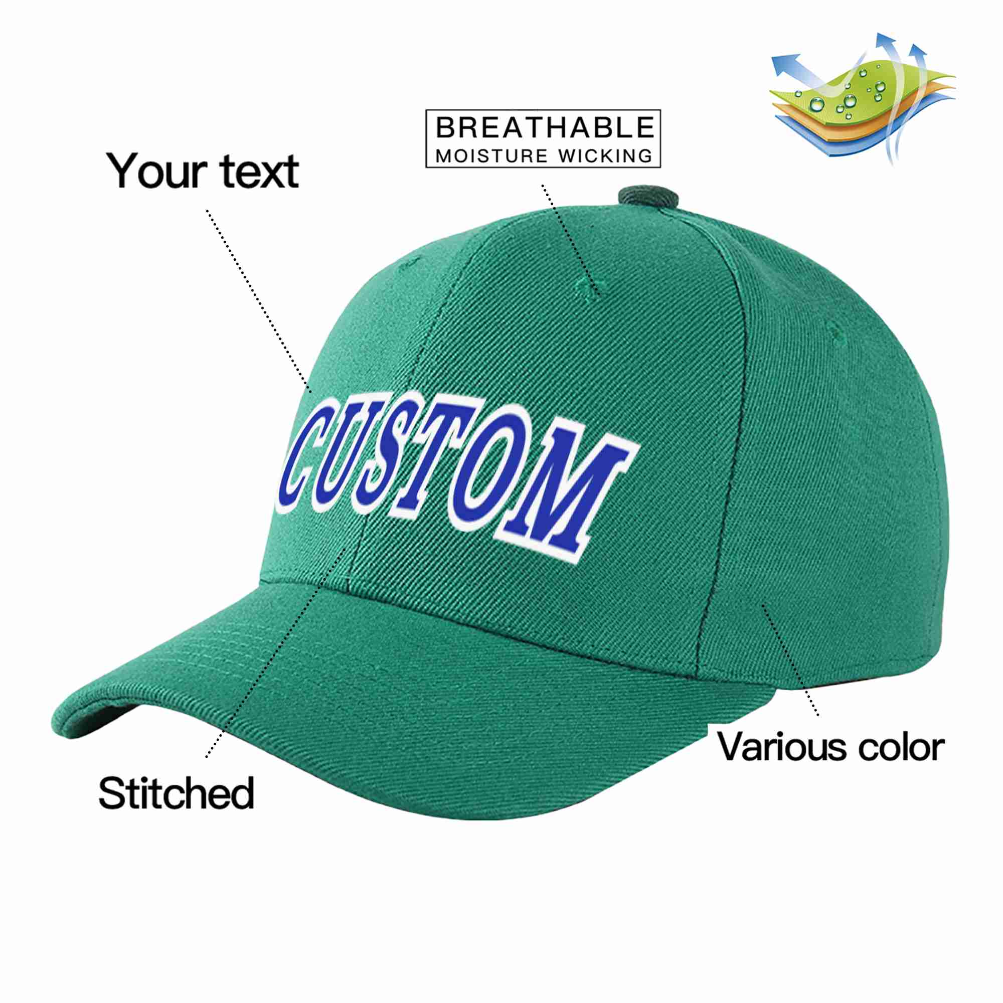 Custom Light Green Royal-White Curved Eaves Sport Baseball Cap Design for Men/Women/Youth