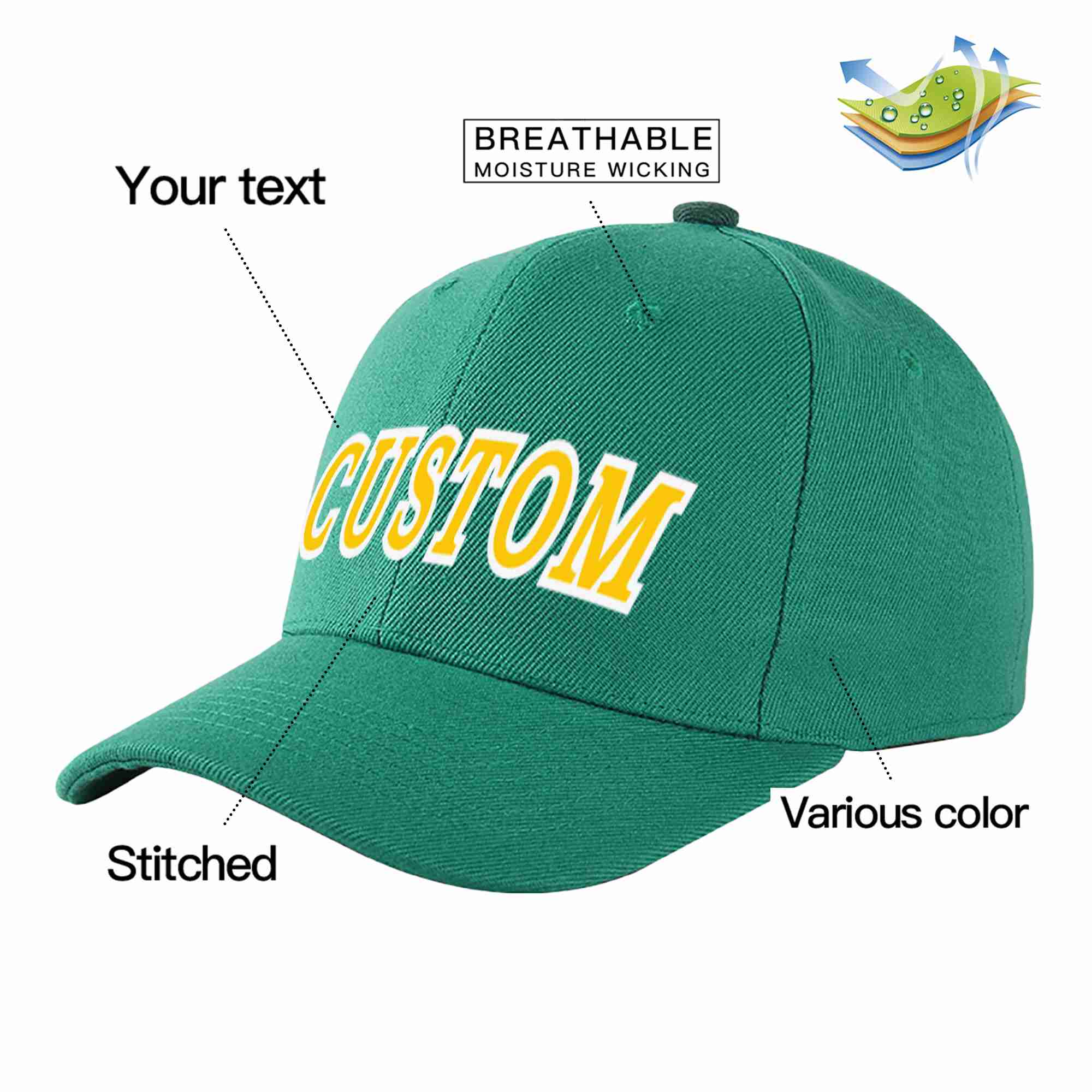 Conception personnalisée de casquette de baseball de sport incurvée vert clair or-blanc pour hommes/femmes/jeunes