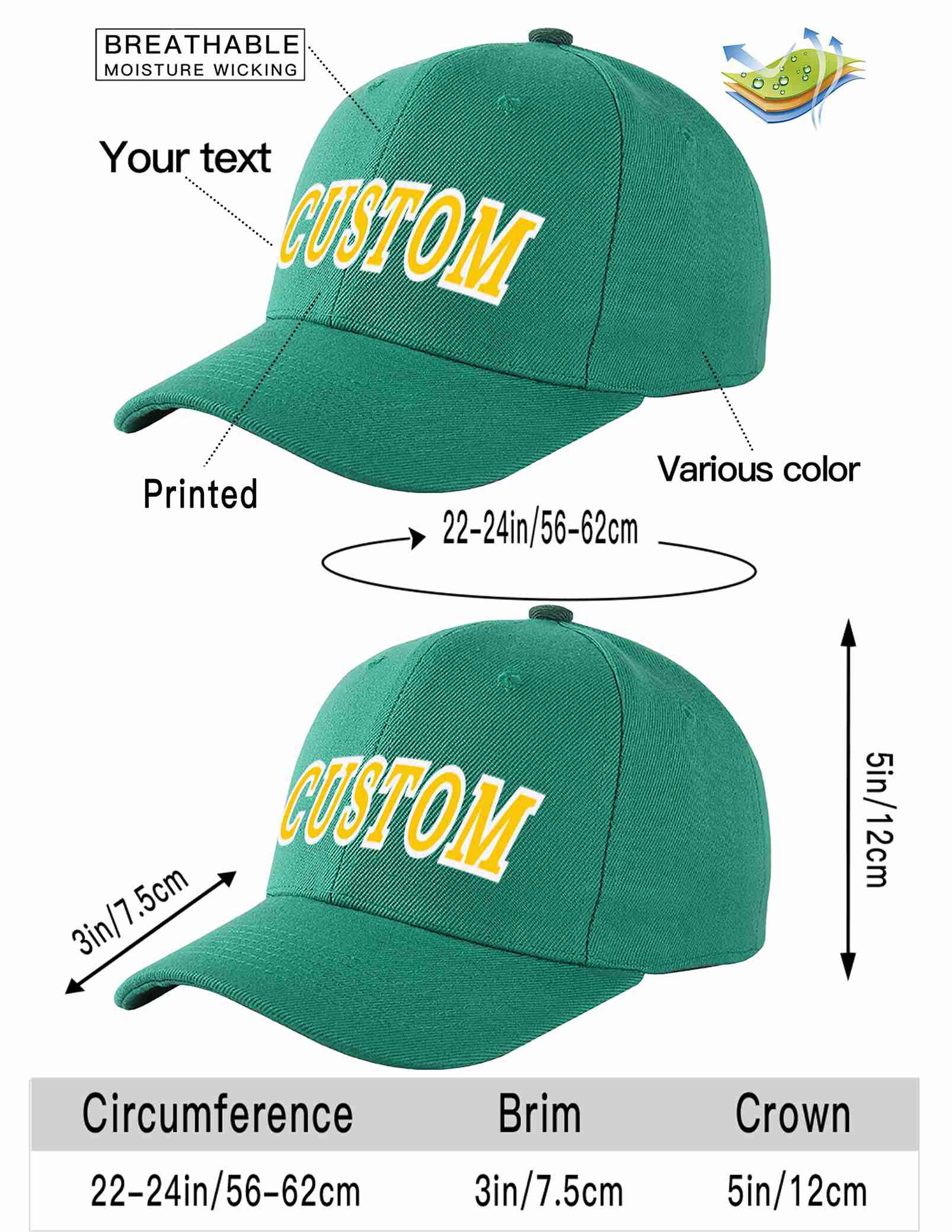 Custom Light Green Gold-White Curved Eaves Sport Baseball Cap Design for Men/Women/Youth