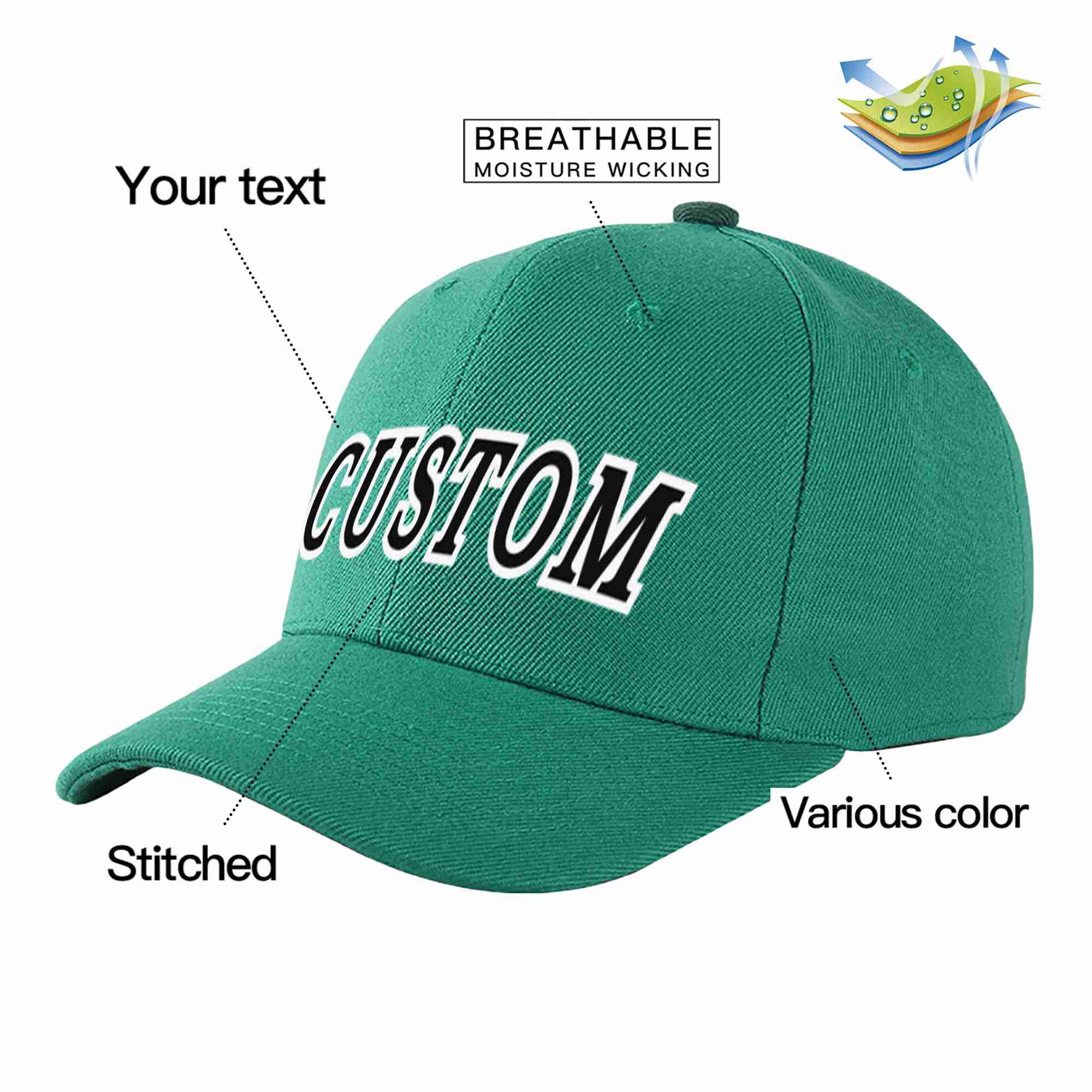 Custom Light Green Black-White Curved Eaves Sport Baseball Cap Design for Men/Women/Youth