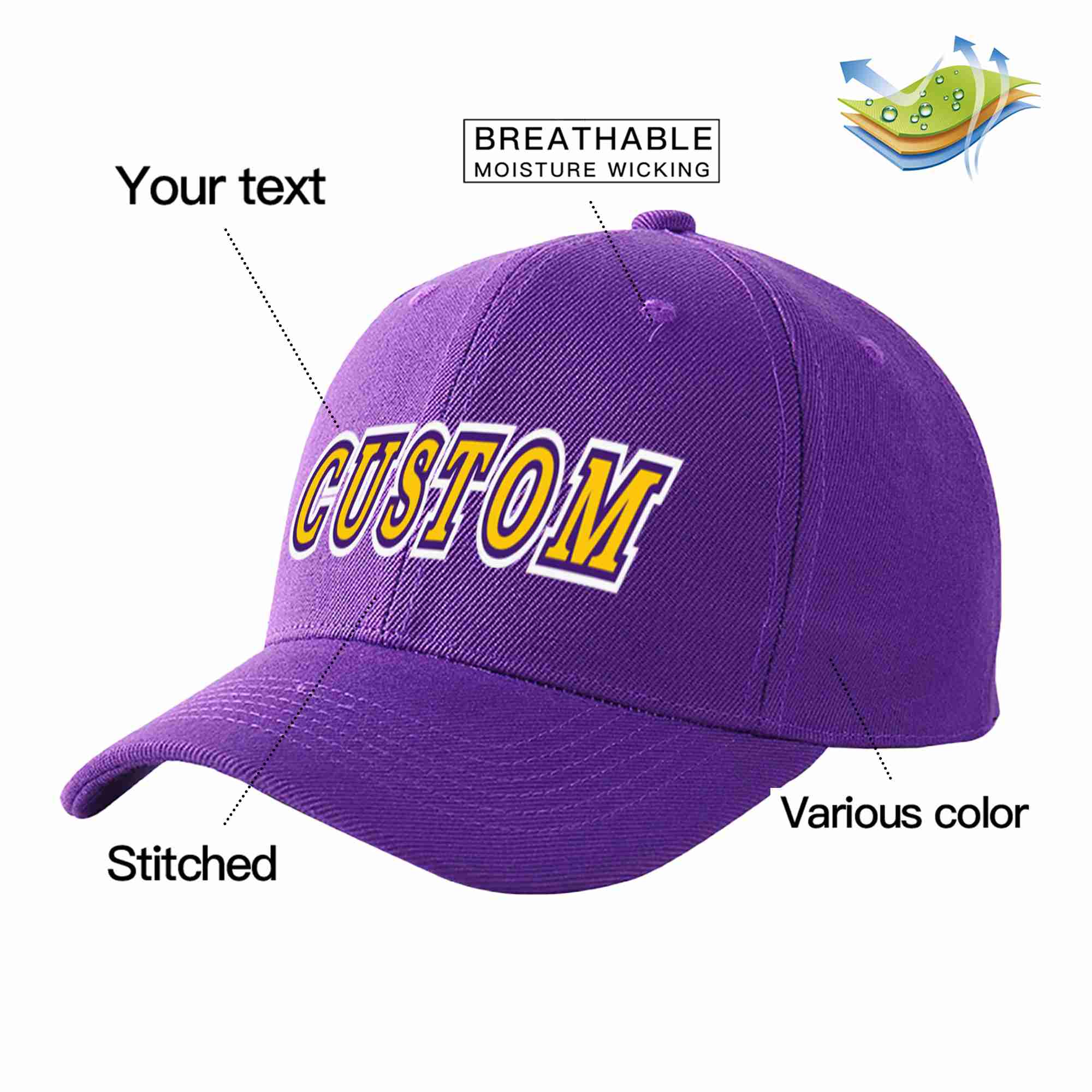 Custom Purple Gold-Purple Curved Eaves Sport Baseball Cap Design for Men/Women/Youth