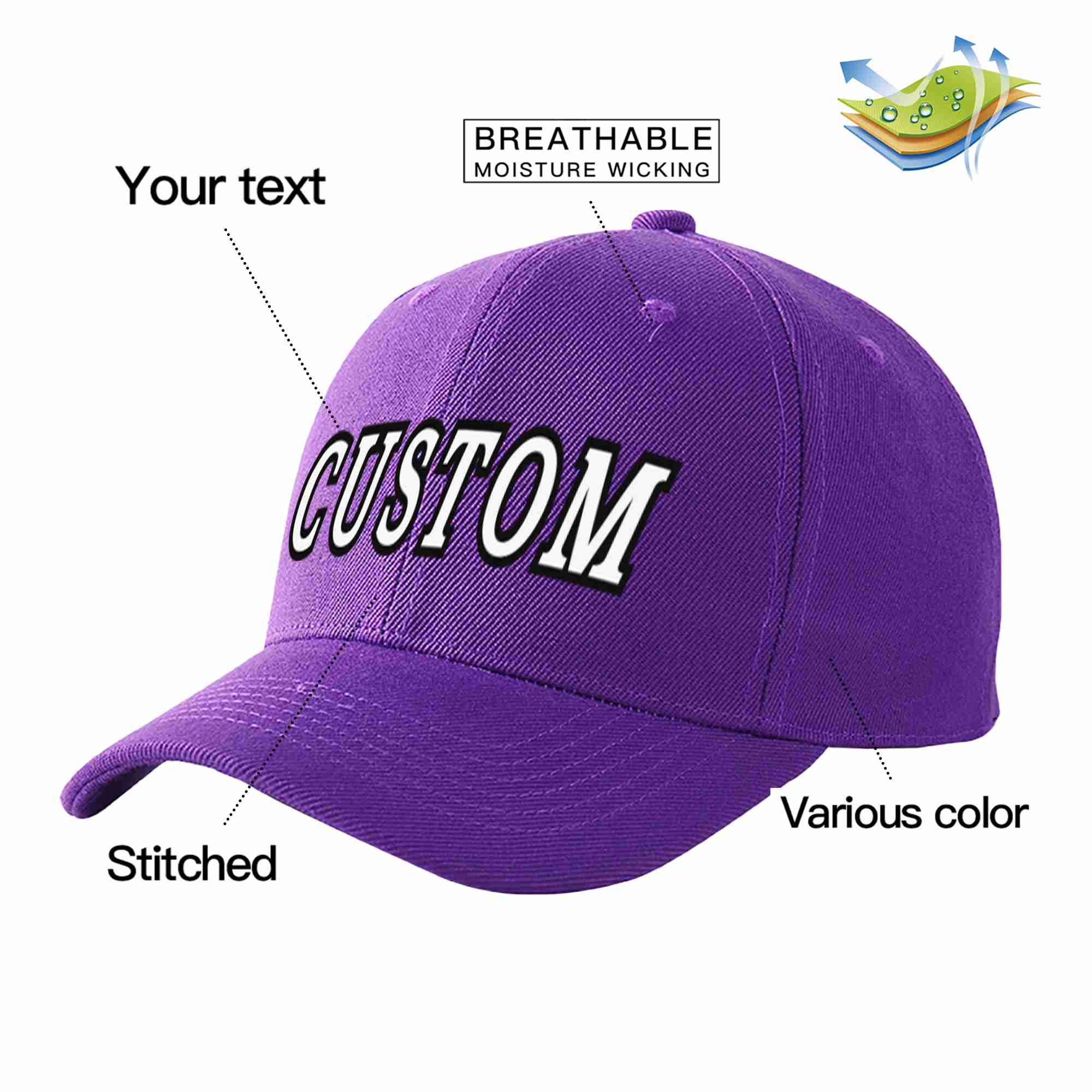 Conception personnalisée de casquette de baseball de sport incurvée violet blanc-noir pour hommes/femmes/jeunes