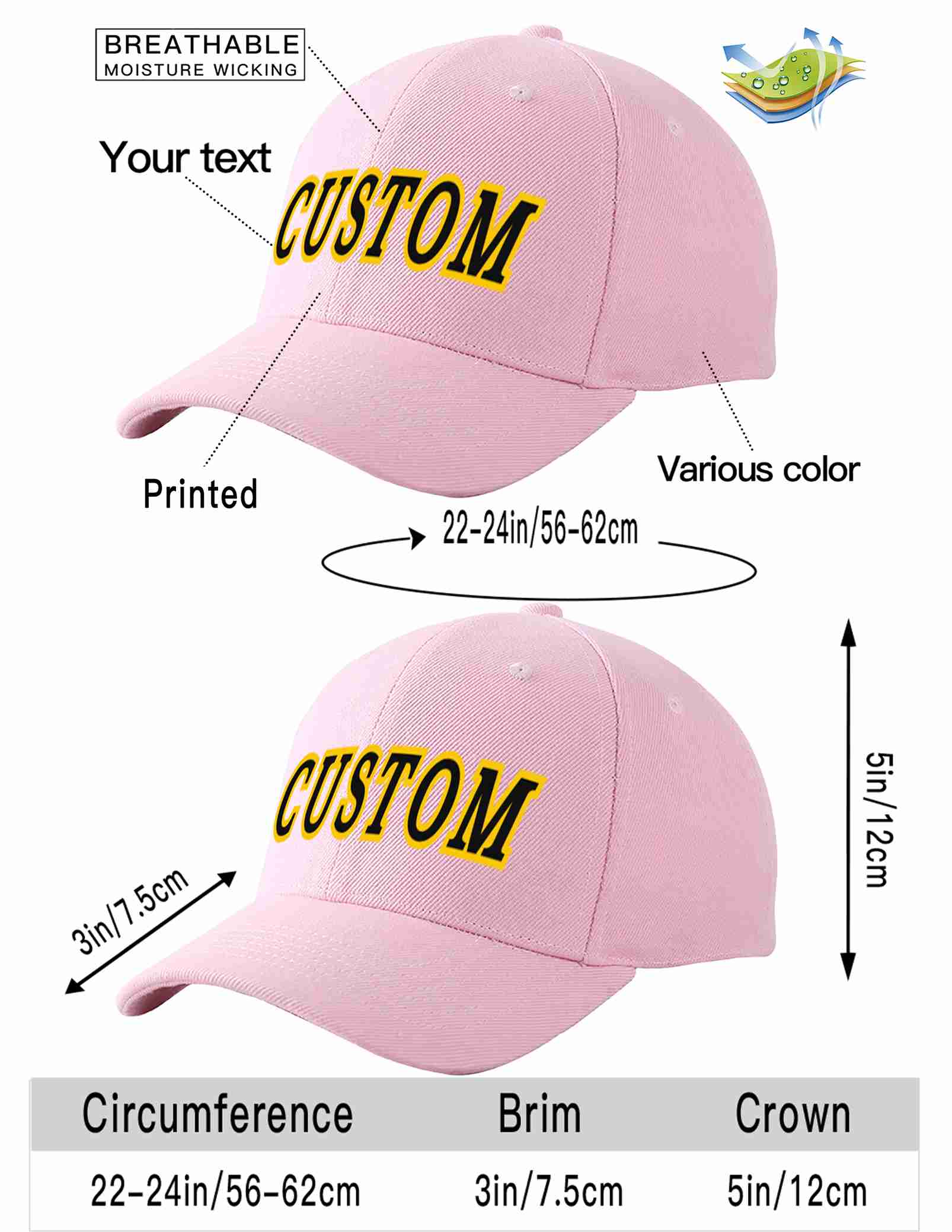 Custom Pink Black-Gold Curved Eaves Sport Baseball Cap Design for Men/Women/Youth