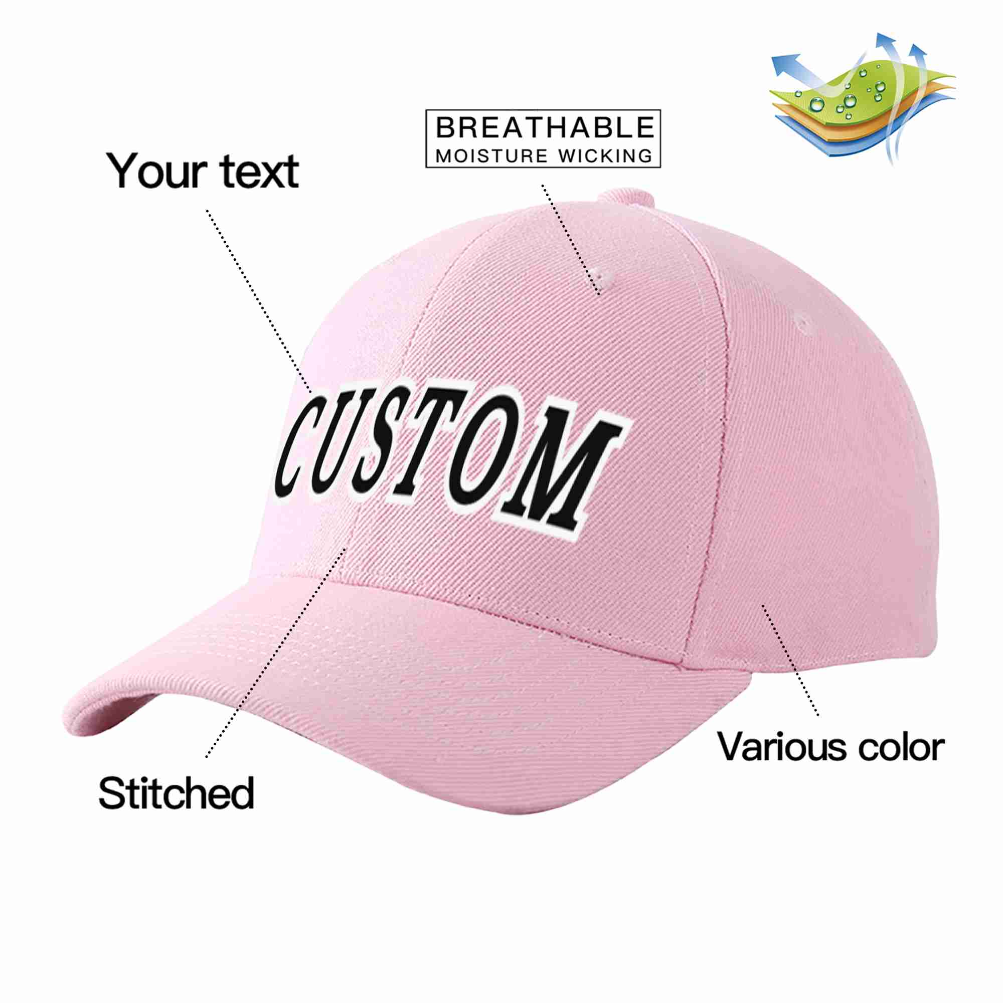 Conception personnalisée de casquette de baseball de sport incurvée rose noir-blanc pour hommes/femmes/jeunes