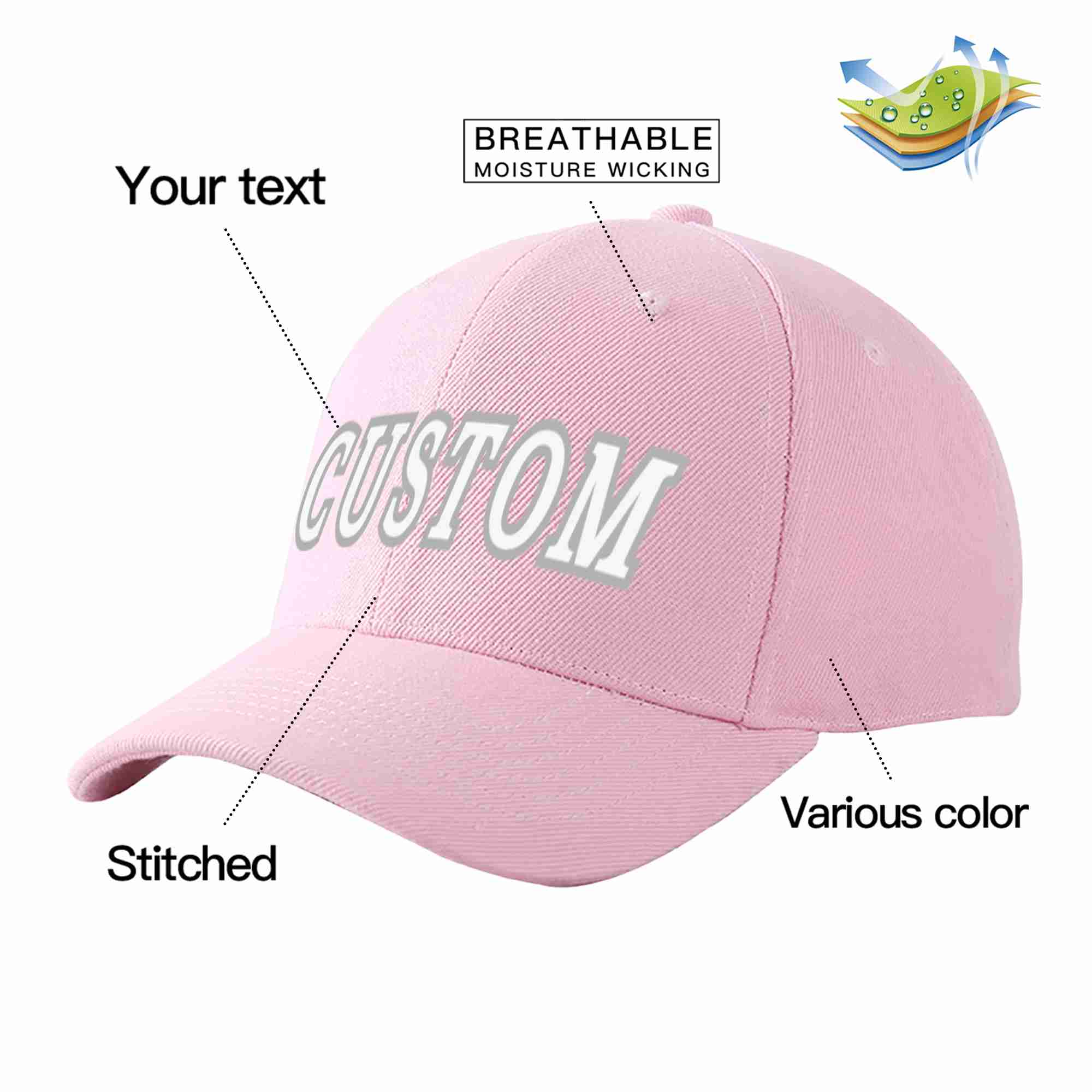 Conception personnalisée de casquette de baseball de sport incurvée rose blanc-gris pour hommes/femmes/jeunes