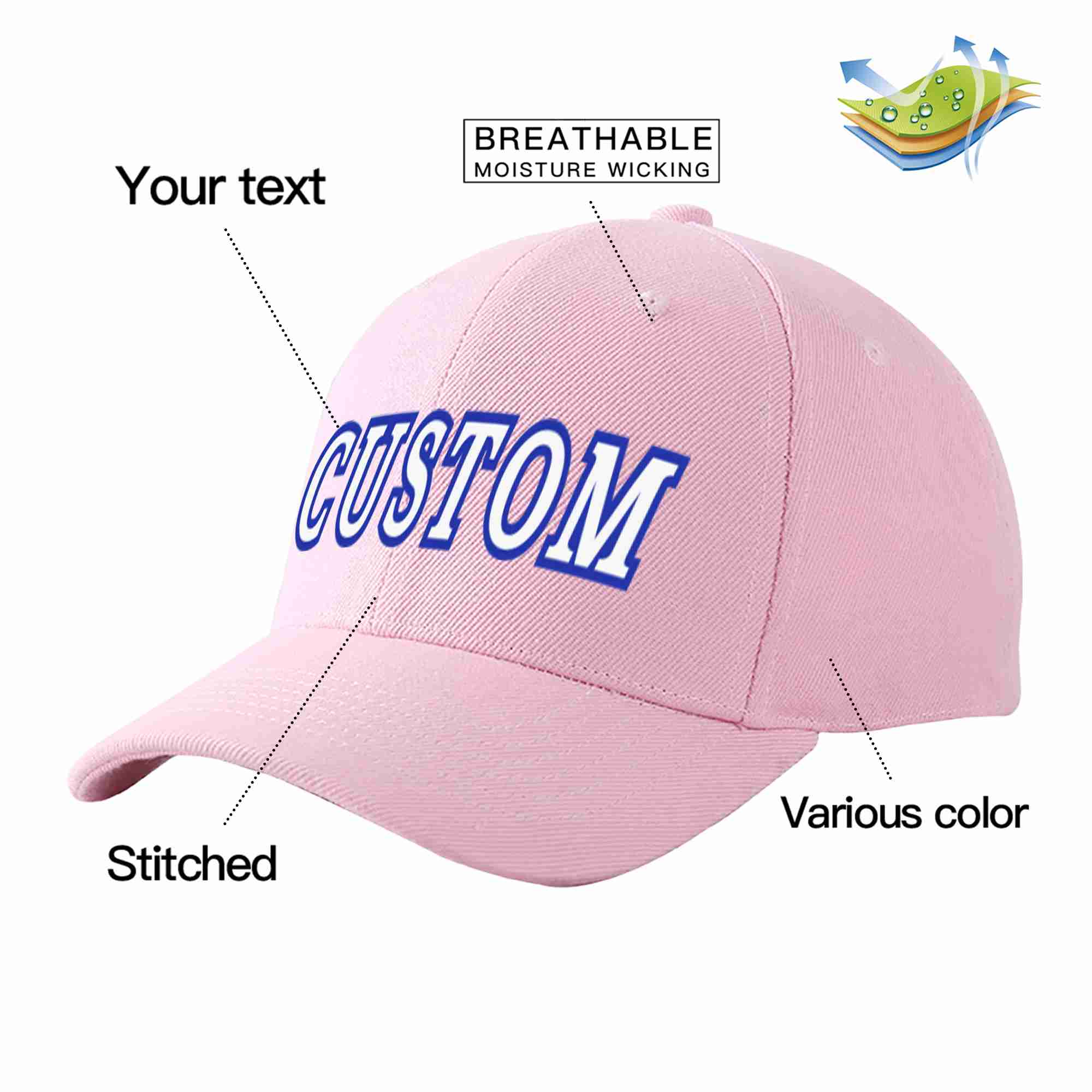 Conception personnalisée de casquette de baseball de sport incurvée Eaves rose blanc-royal pour hommes/femmes/jeunes