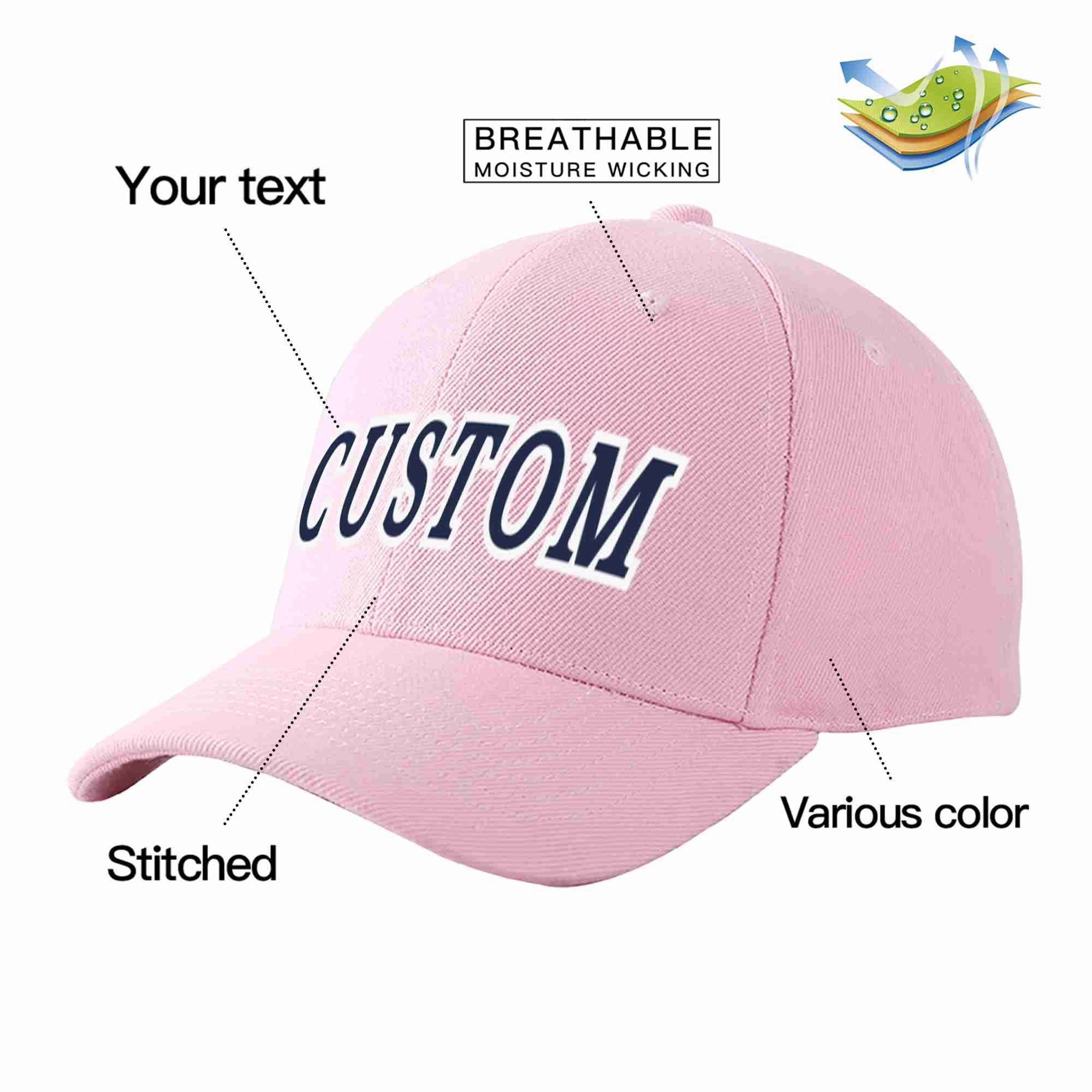 Conception personnalisée de casquette de baseball de sport incurvée rose marine-blanc pour hommes/femmes/jeunes