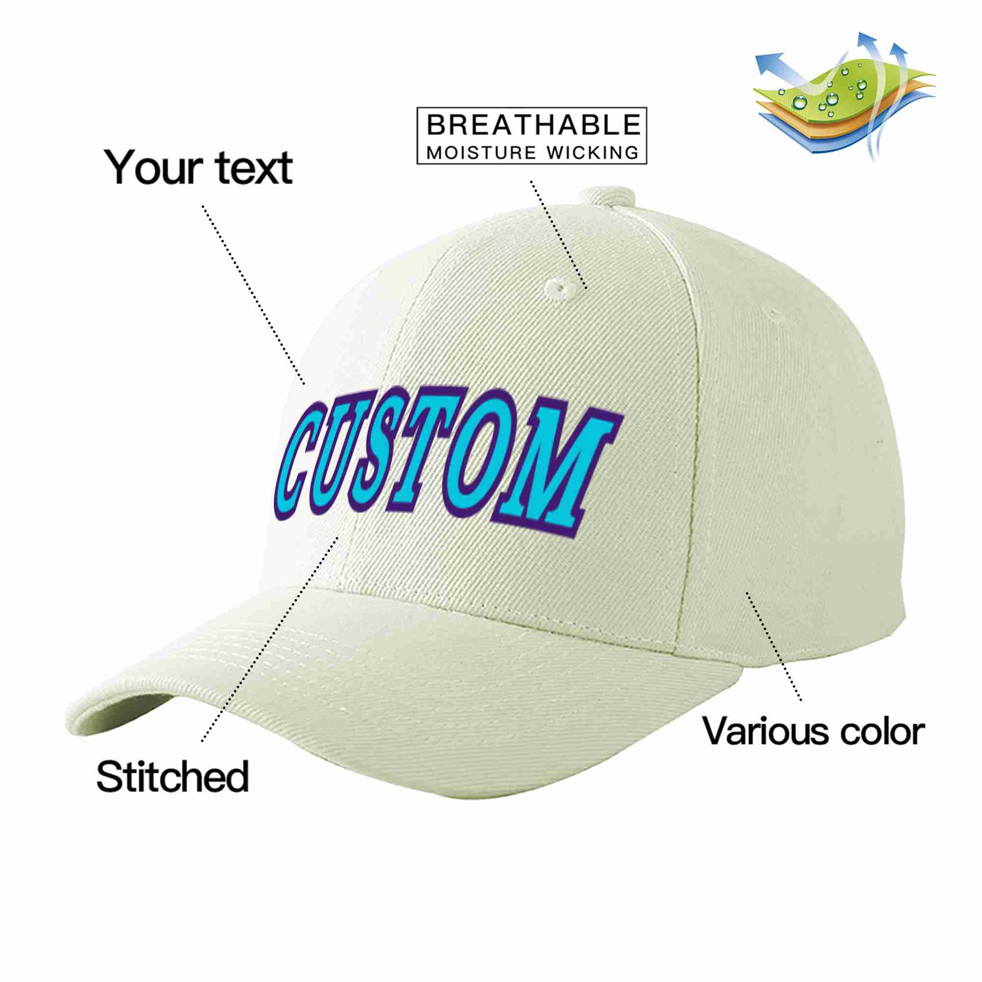 Custom Cream Light Blue-Purple Curved Eaves Sport Baseball Cap Design for Men/Women/Youth