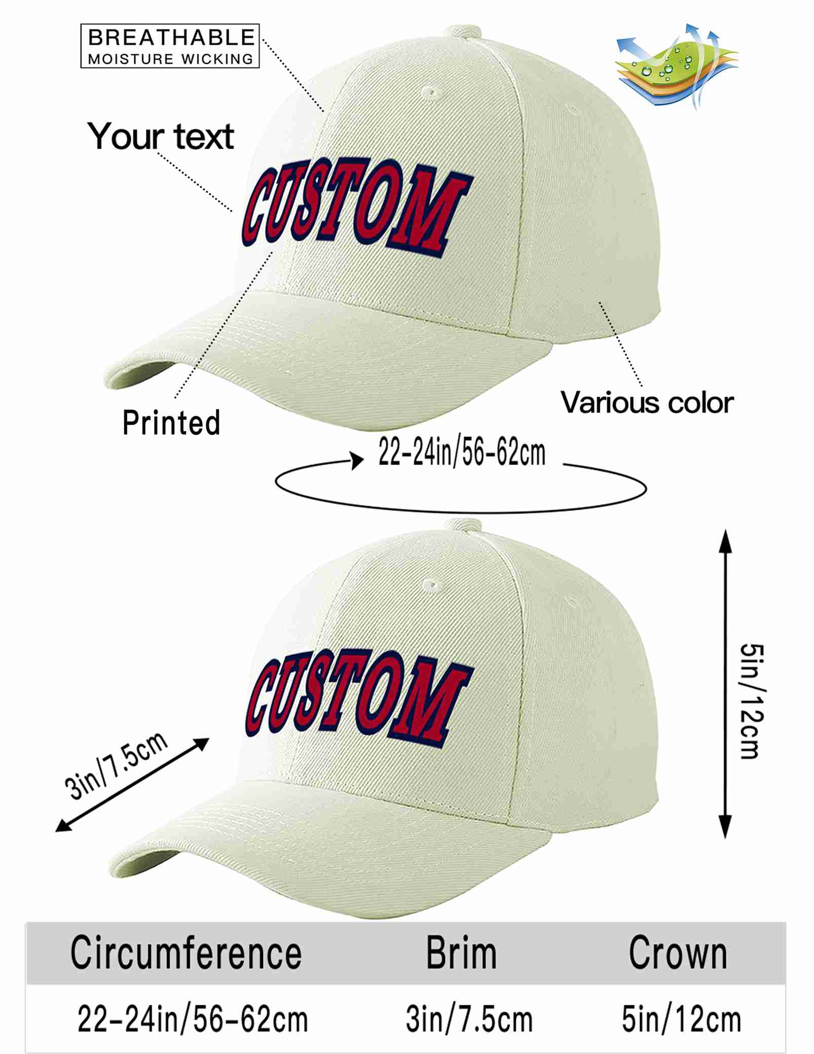 Custom Cream Red-Navy Curved Eaves Sport Baseball Cap Design for Men/Women/Youth