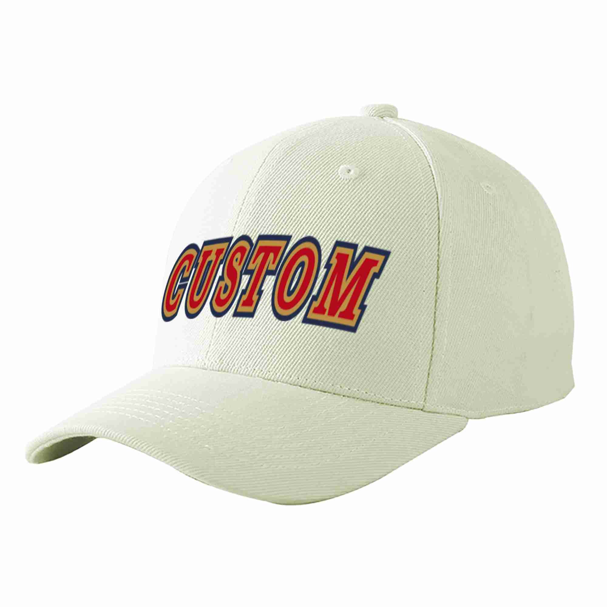 Conception personnalisée de casquette de baseball de sport à avant-toit incurvé rouge-vieil or crème pour hommes/femmes/jeunes