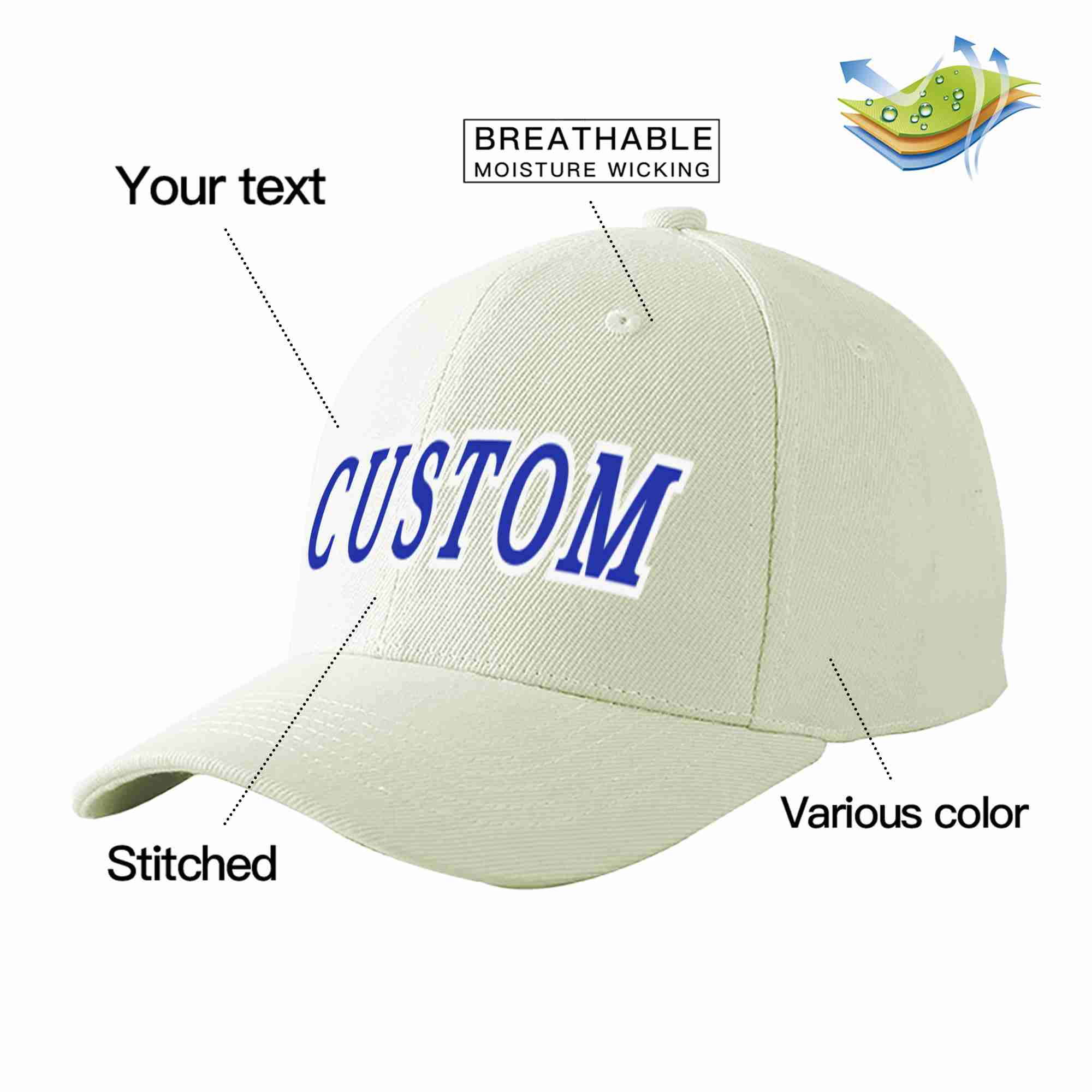 Conception personnalisée de casquette de baseball de sport incurvée blanc royal-blanc crème pour hommes/femmes/jeunes