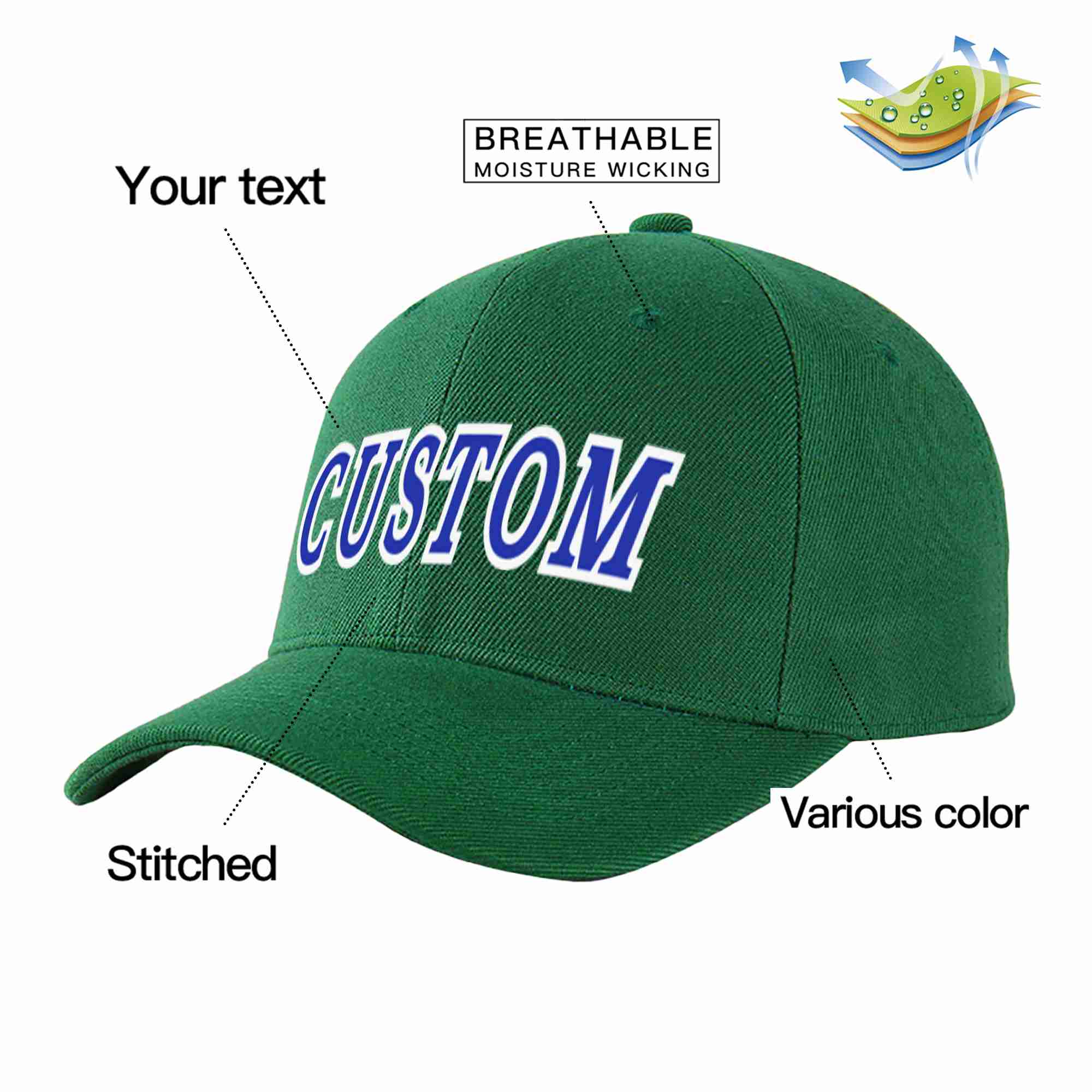 Conception personnalisée de casquette de baseball de sport incurvée vert royal-blanc pour hommes/femmes/jeunes