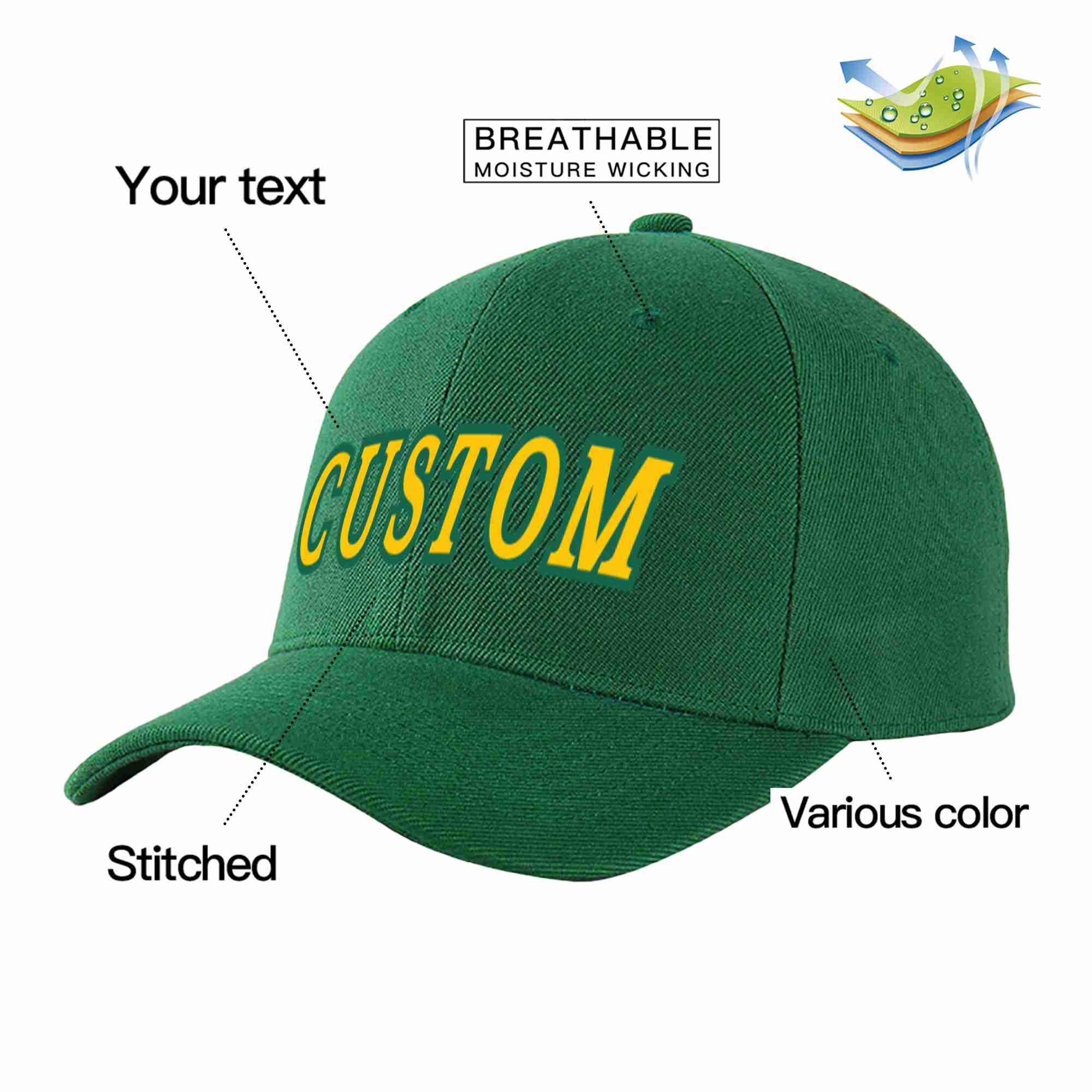 Custom Green Gold-Kelly Green Curved Eaves Sport Baseball Cap Design for Men/Women/Youth