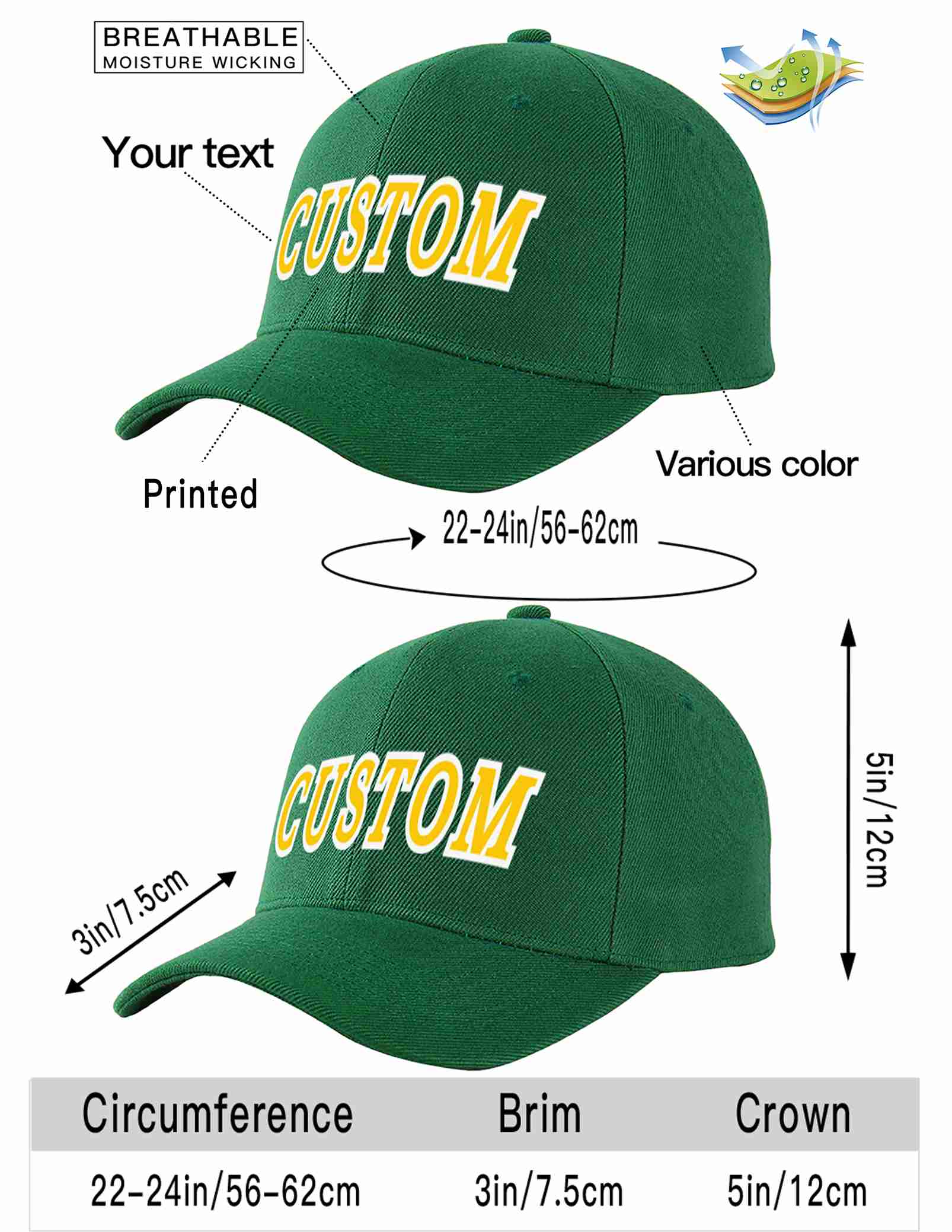 Custom Green Gold-White Curved Eaves Sport Baseball Cap Design for Men/Women/Youth