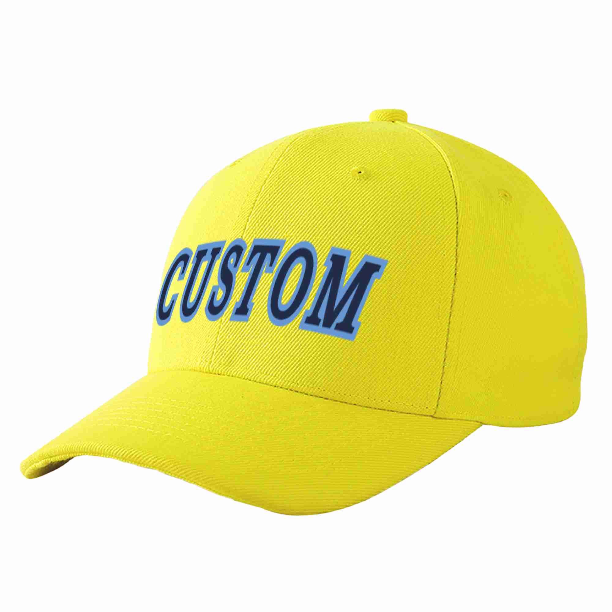 Custom Yellow Navy-Light Blue Curved Eaves Sport Baseball Cap Design for Men/Women/Youth