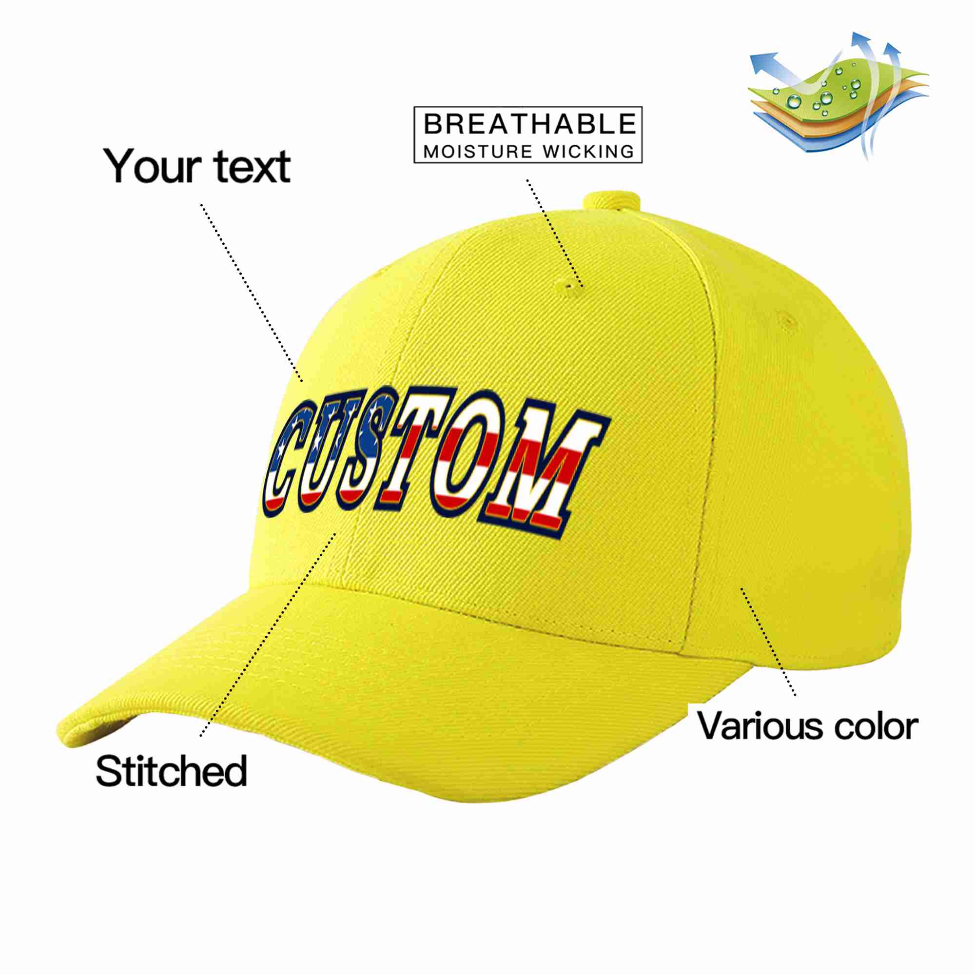 Conception de casquette de baseball de sport à avant-toit incurvé jaune personnalisé avec drapeau américain vintage pour hommes/femmes/jeunes