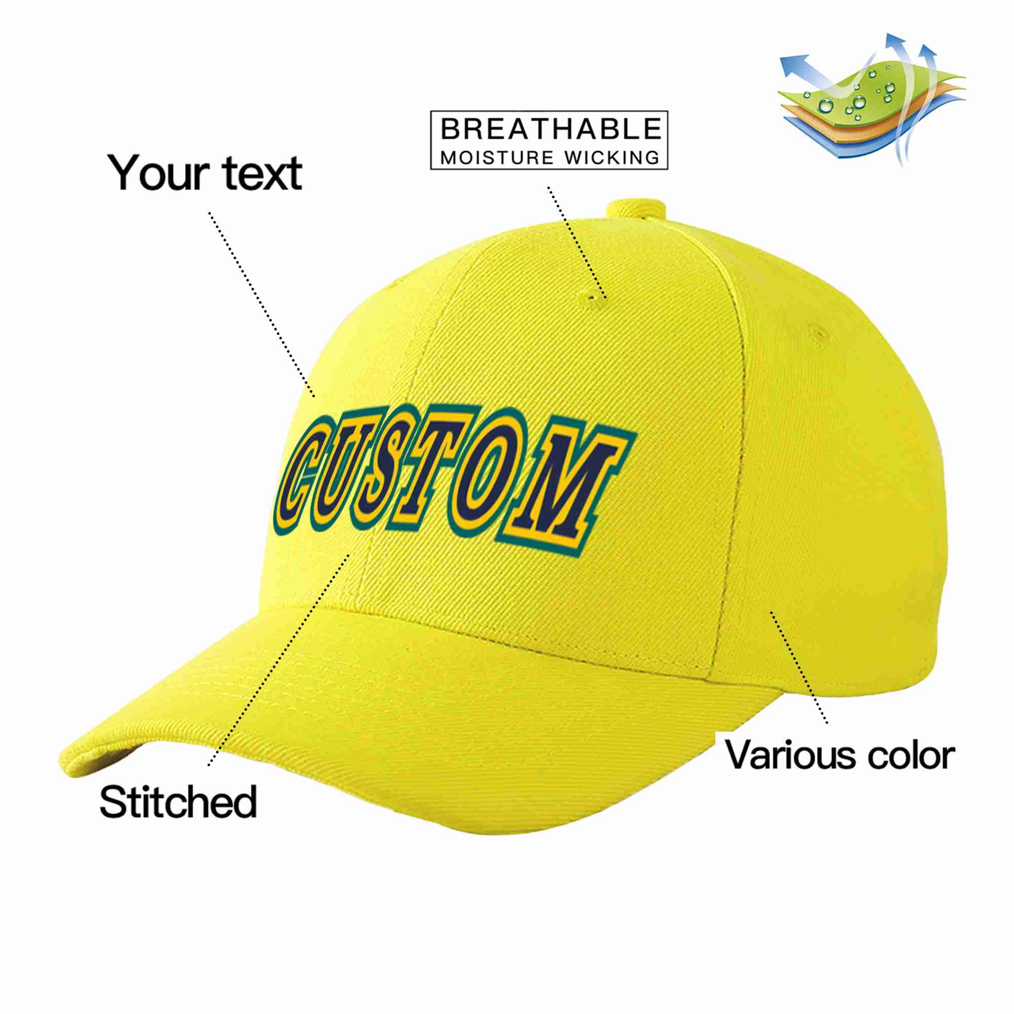 Conception personnalisée de casquette de baseball de sport incurvée jaune marine-or pour hommes/femmes/jeunes