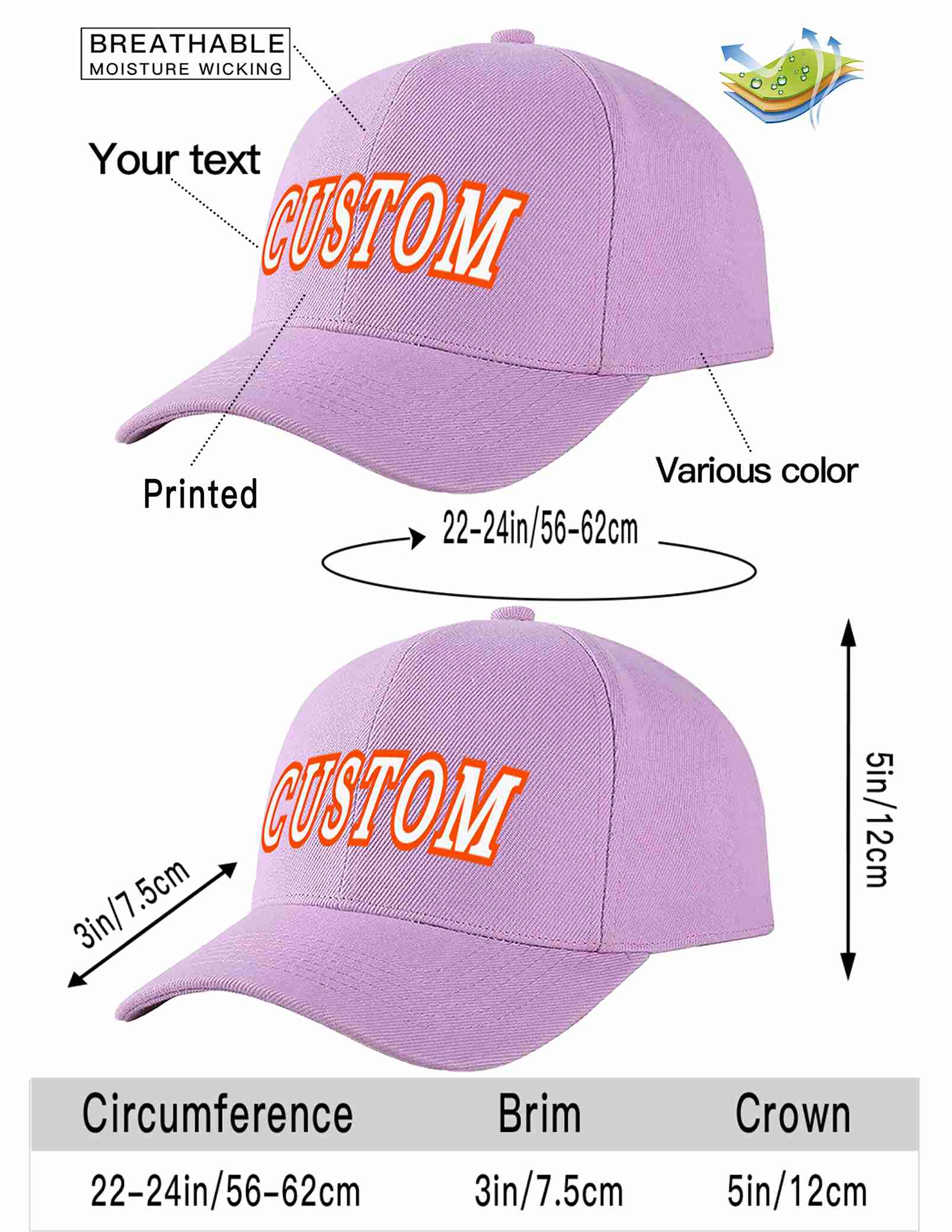 Custom Light Purple White-Orange Curved Eaves Sport Baseball Cap Design for Men/Women/Youth