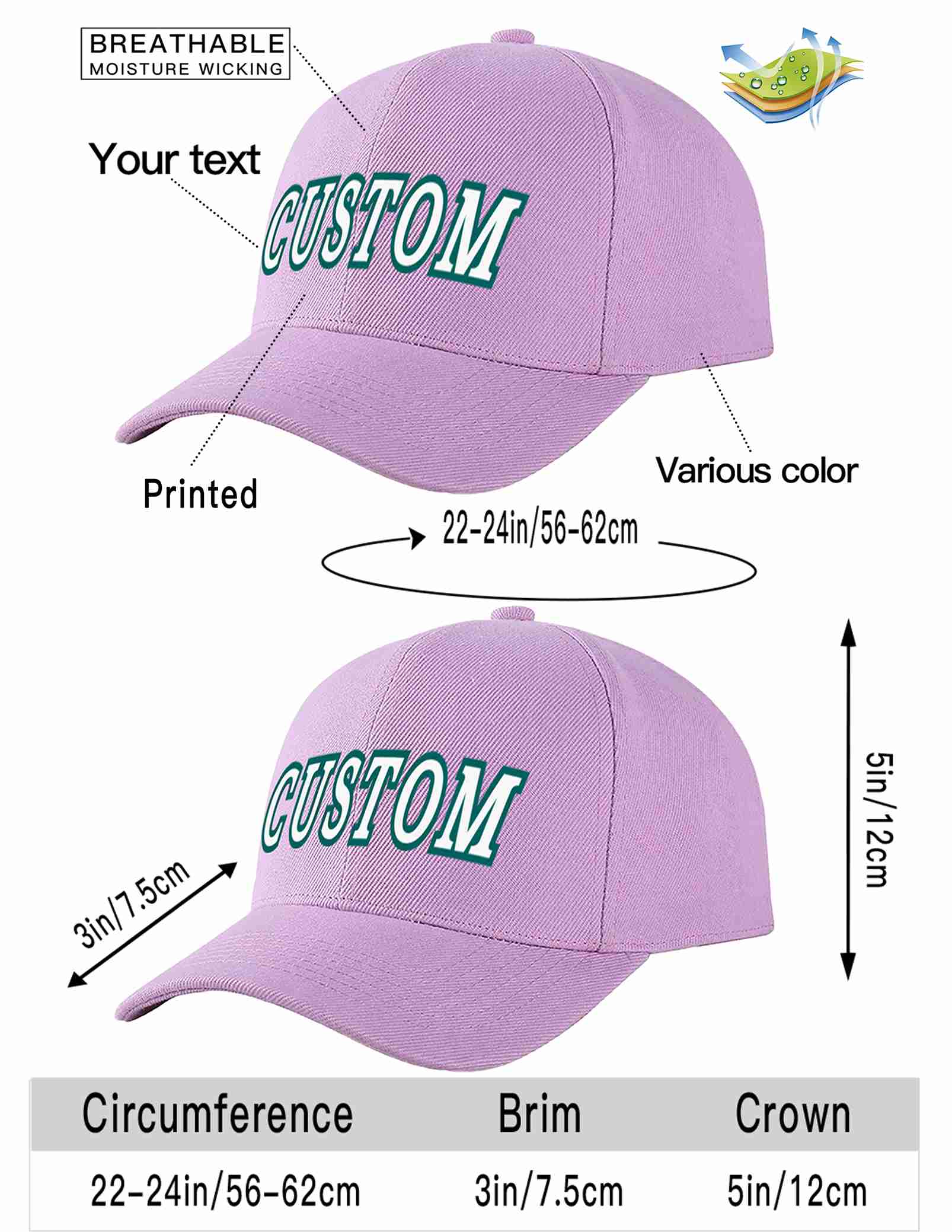 Conception personnalisée de casquette de baseball de sport incurvée blanc-aqua violet clair pour hommes/femmes/jeunes