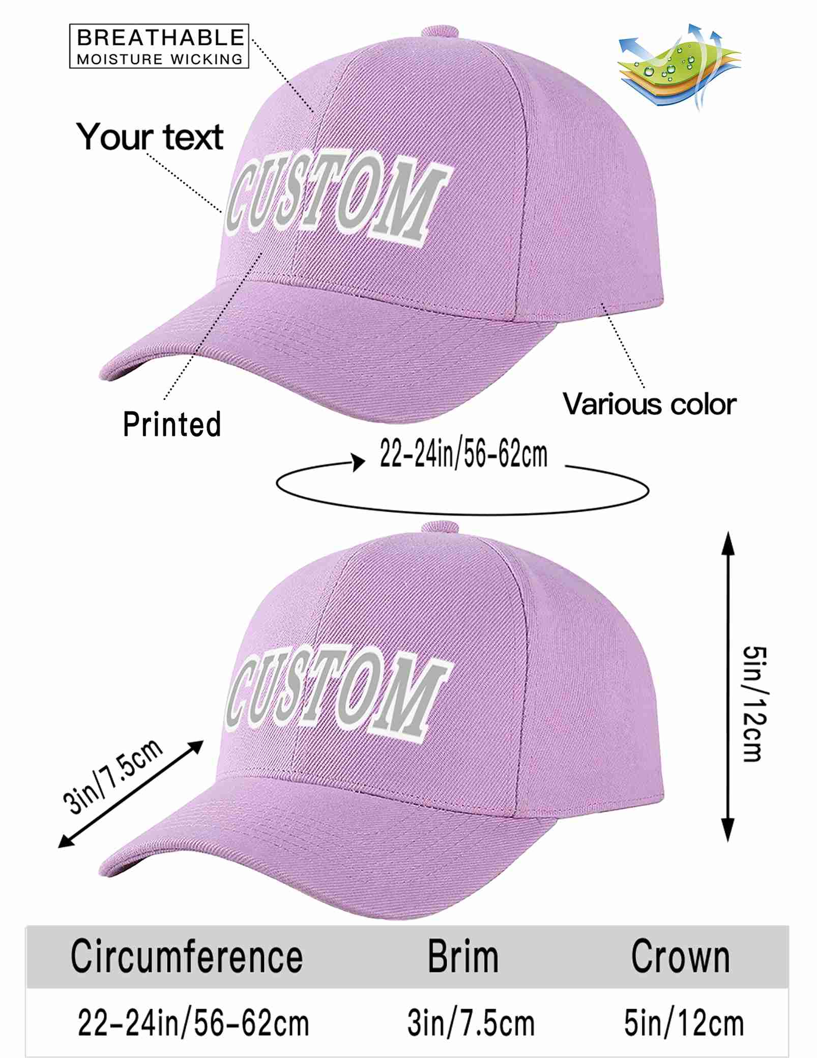 Custom Light Purple Gray-White Curved Eaves Sport Baseball Cap Design for Men/Women/Youth