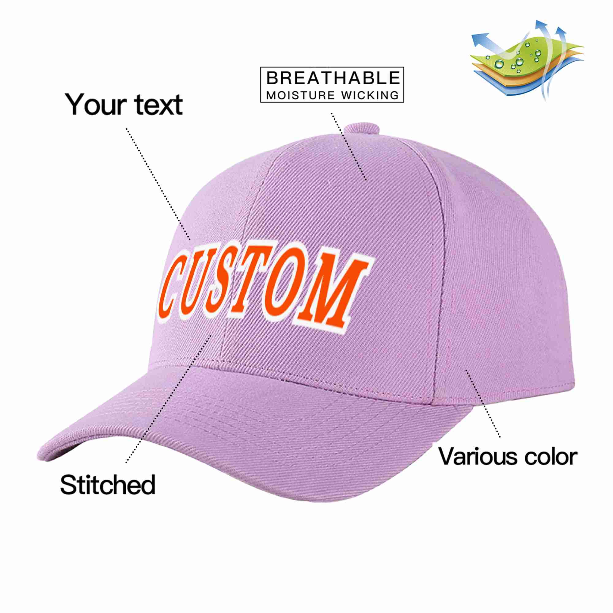 Custom Light Purple Orange-White Curved Eaves Sport Baseball Cap Design for Men/Women/Youth