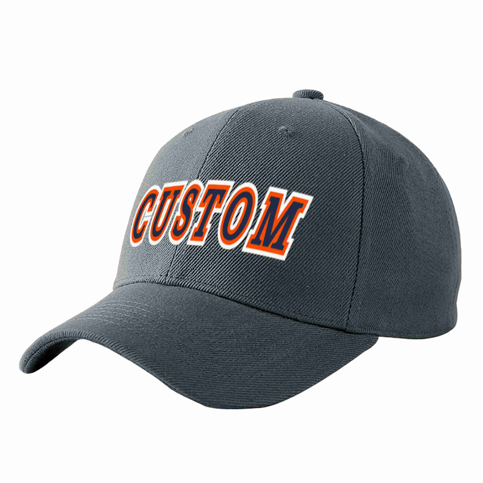 Conception personnalisée de casquette de baseball de sport incurvée gris foncé marine-orange pour hommes/femmes/jeunes