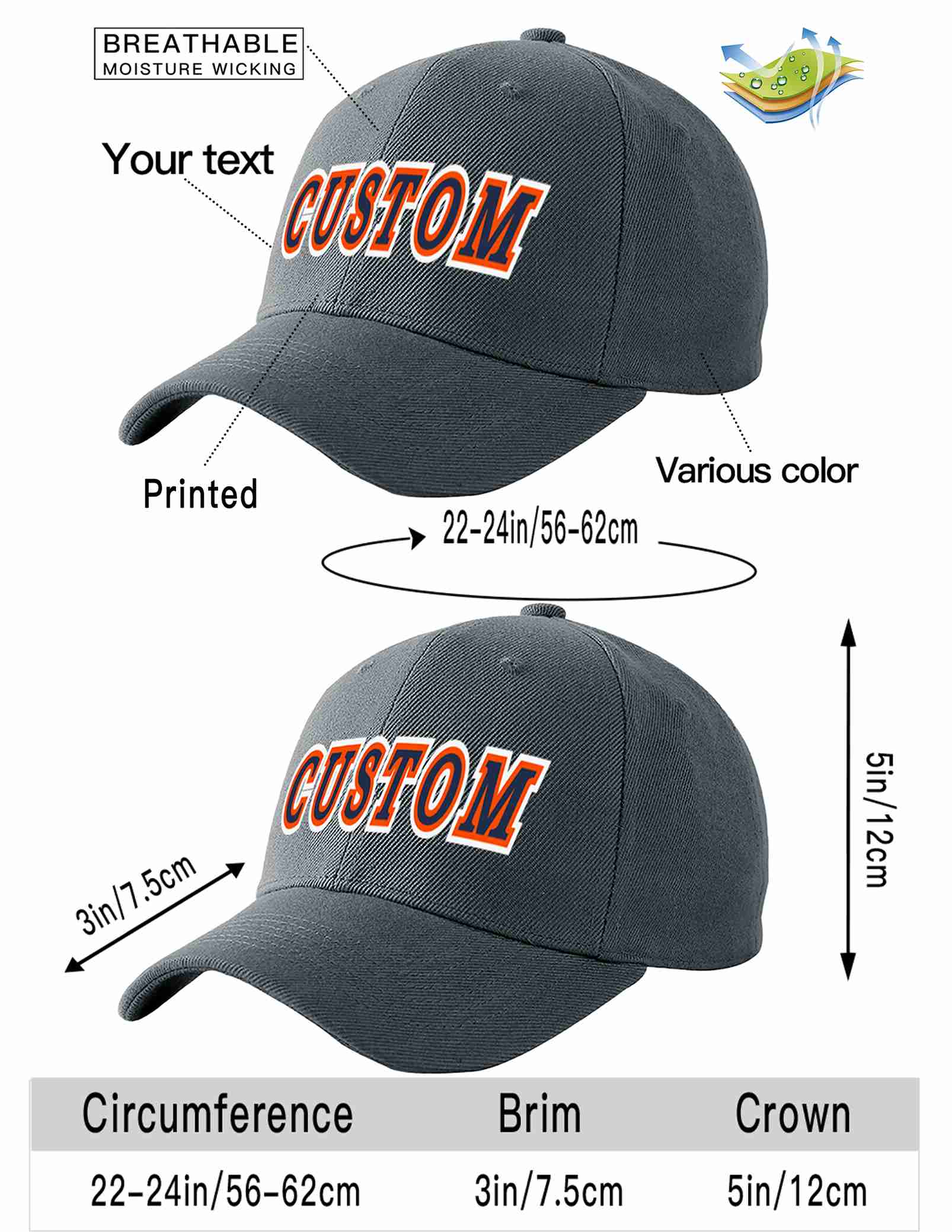 Conception personnalisée de casquette de baseball de sport incurvée gris foncé marine-orange pour hommes/femmes/jeunes