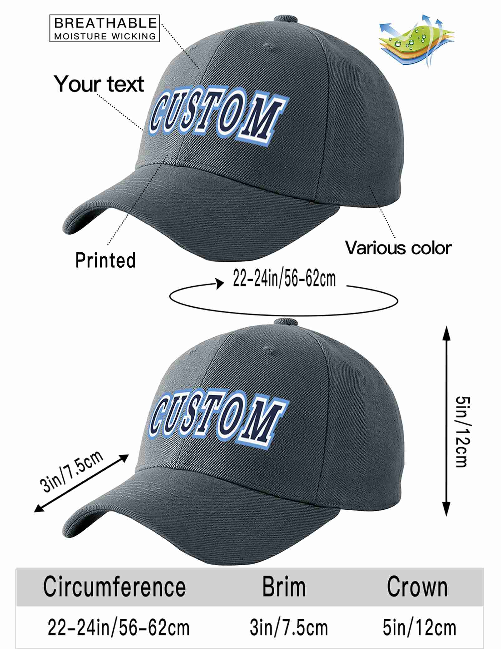 Custom Dark Gray Navy-White Curved Eaves Sport Baseball Cap Design for Men/Women/Youth