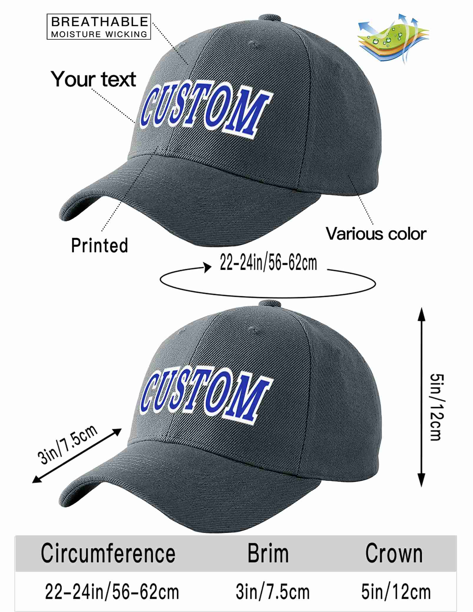 Custom Dark Gray Royal-White Curved Eaves Sport Baseball Cap Design for Men/Women/Youth