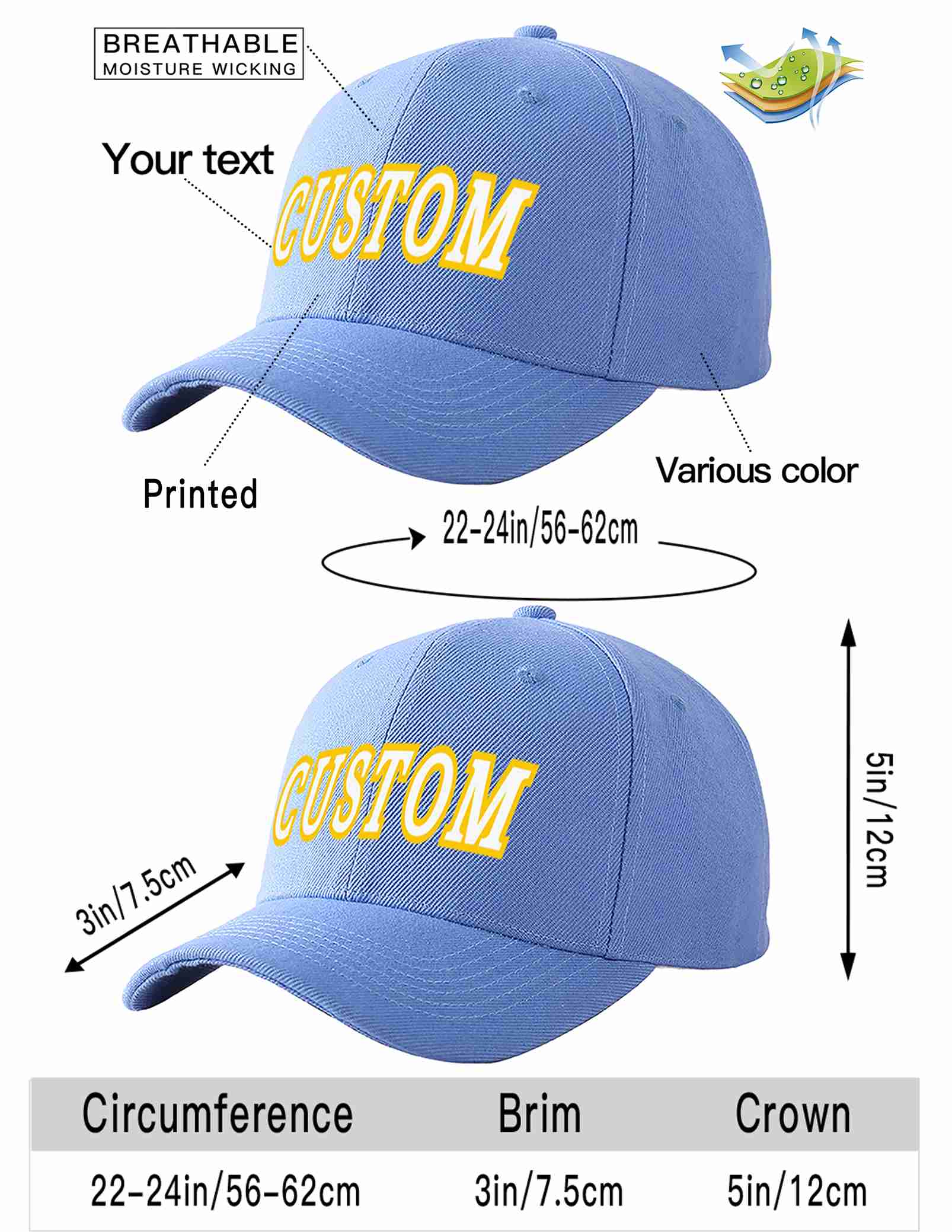 Custom Sky Blue White-Gold Curved Eaves Sport Baseball Cap Design for Men/Women/Youth