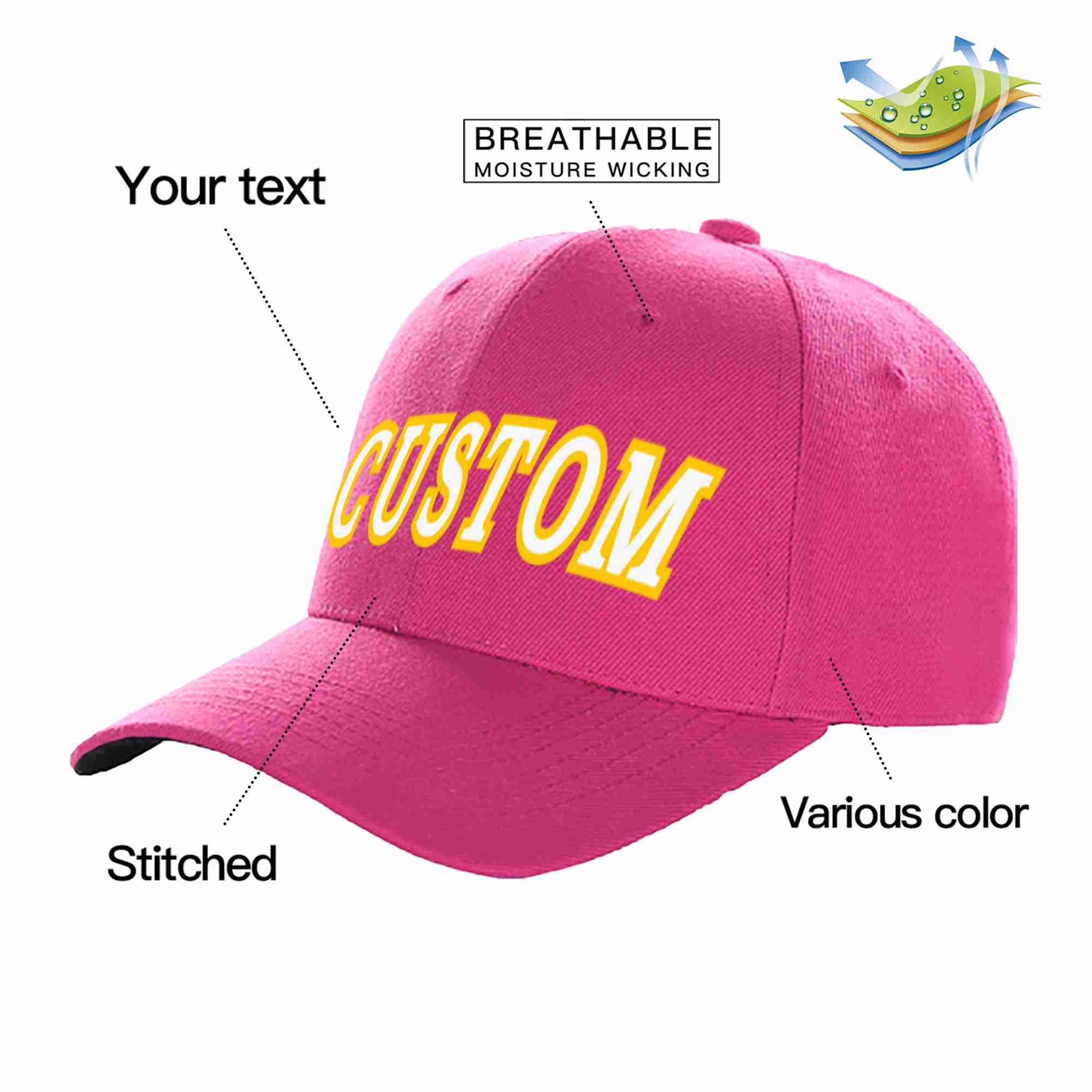 Conception personnalisée de casquette de baseball incurvée Eaves Sport Rose rouge blanc-or pour hommes/femmes/jeunes