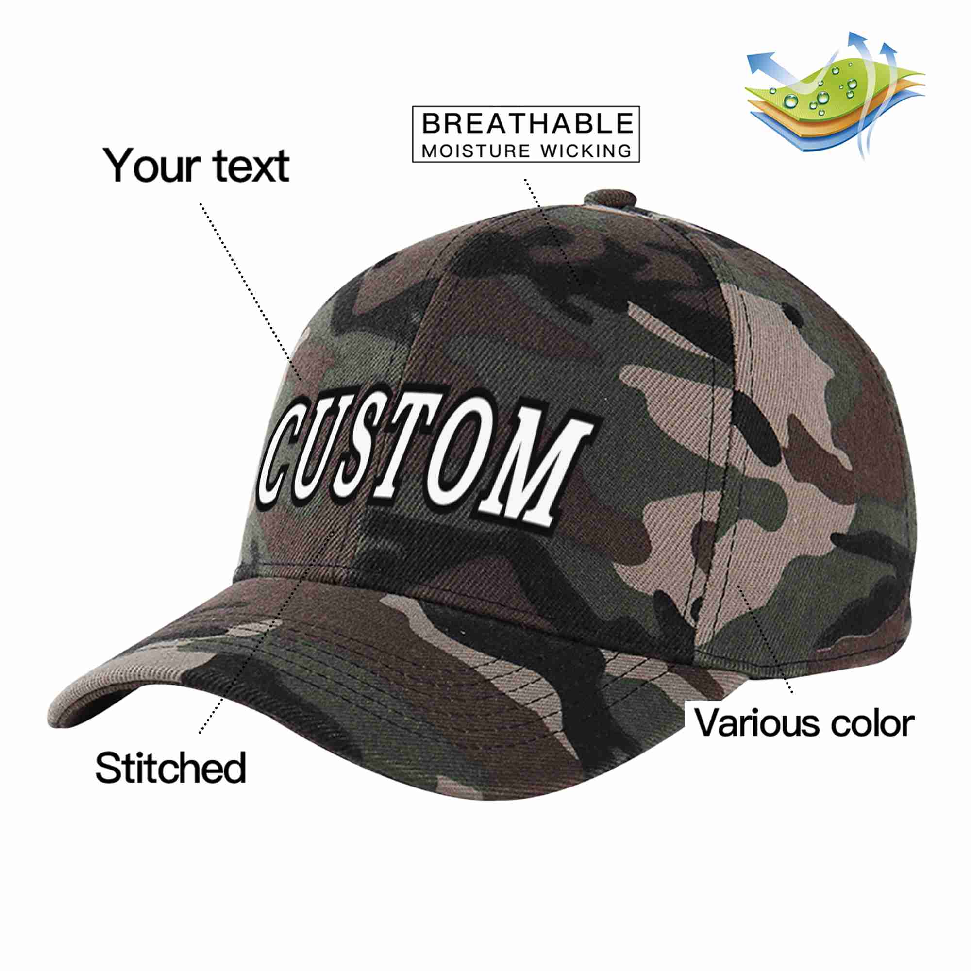 Conception de casquette de baseball de sport à avant-toit incurvé blanc-noir camouflage personnalisé pour hommes/femmes/jeunes