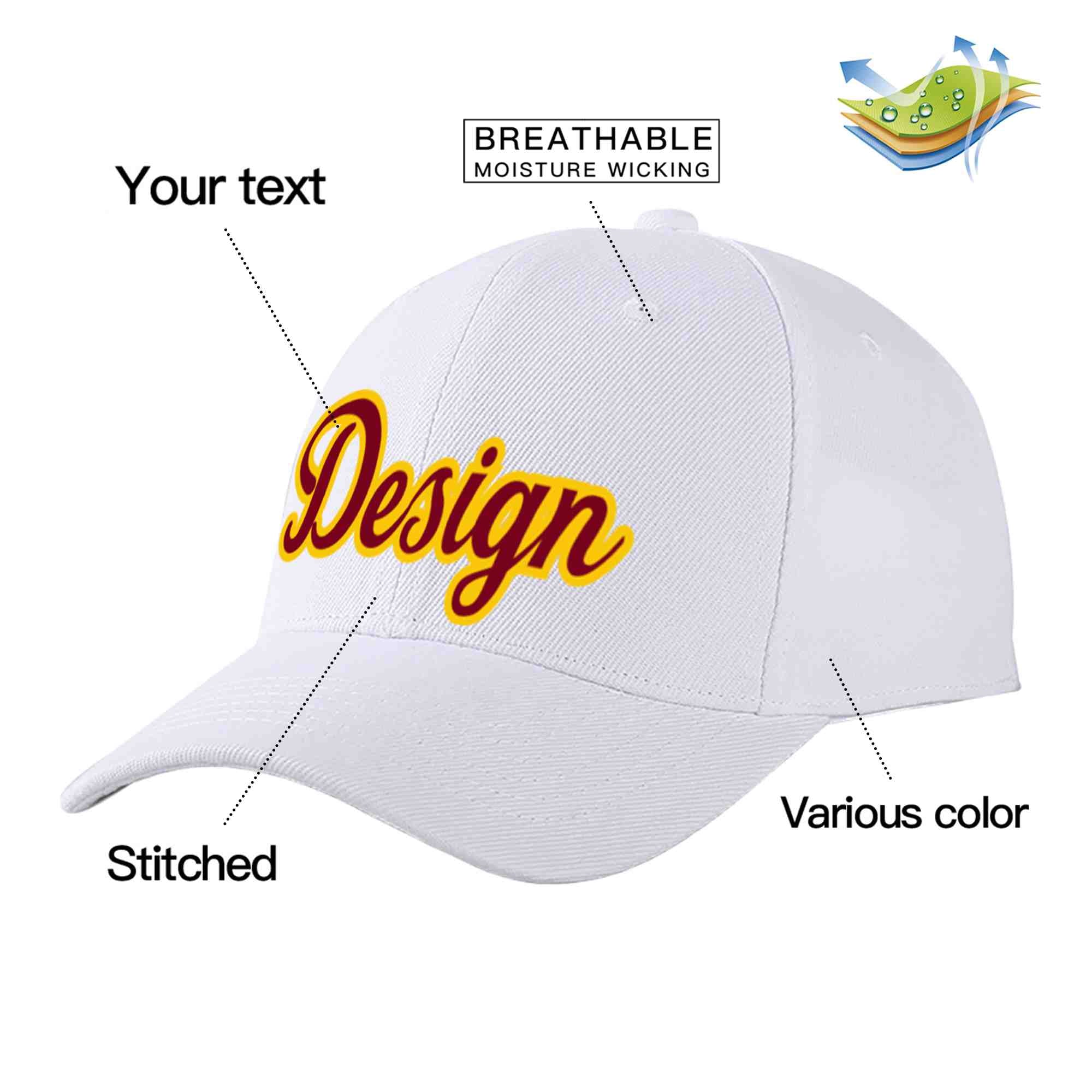 Custom White Crimson-Yellow Curved Eaves Sport Design Baseball Cap