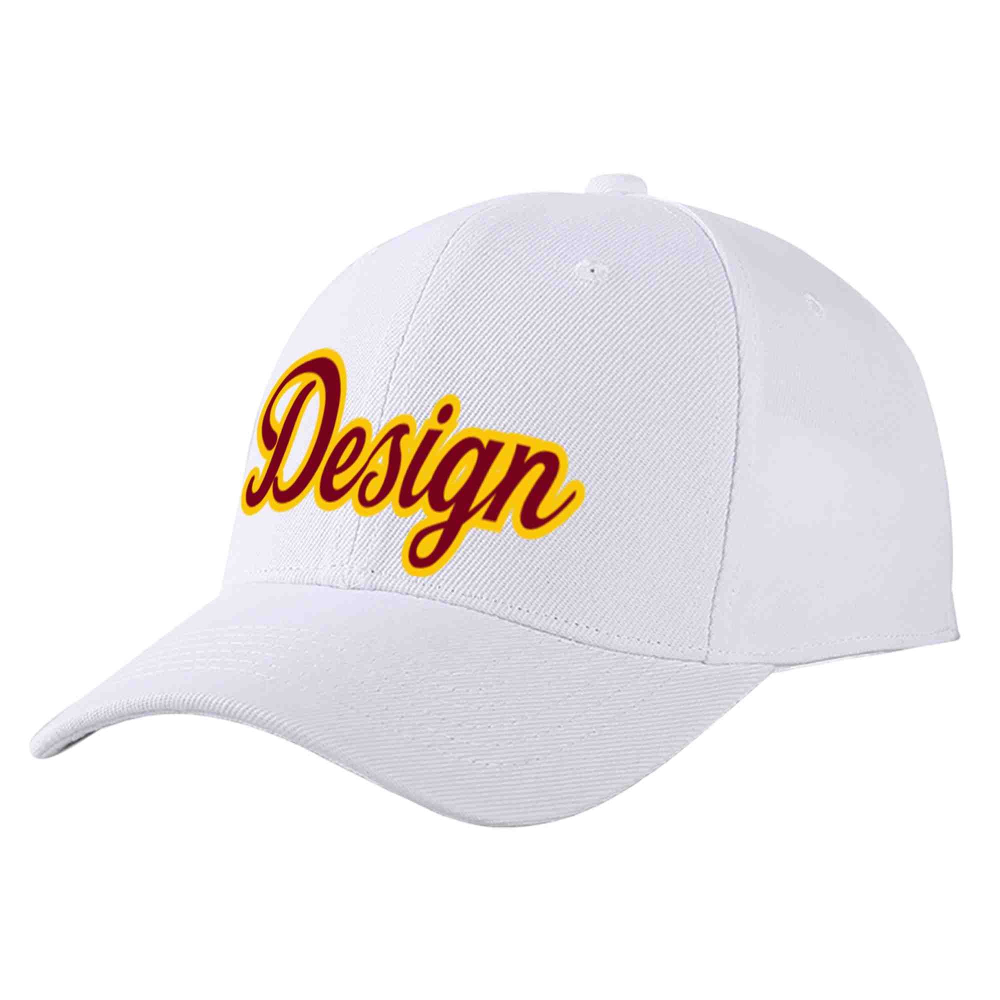 Custom White Crimson-Yellow Curved Eaves Sport Design Baseball Cap